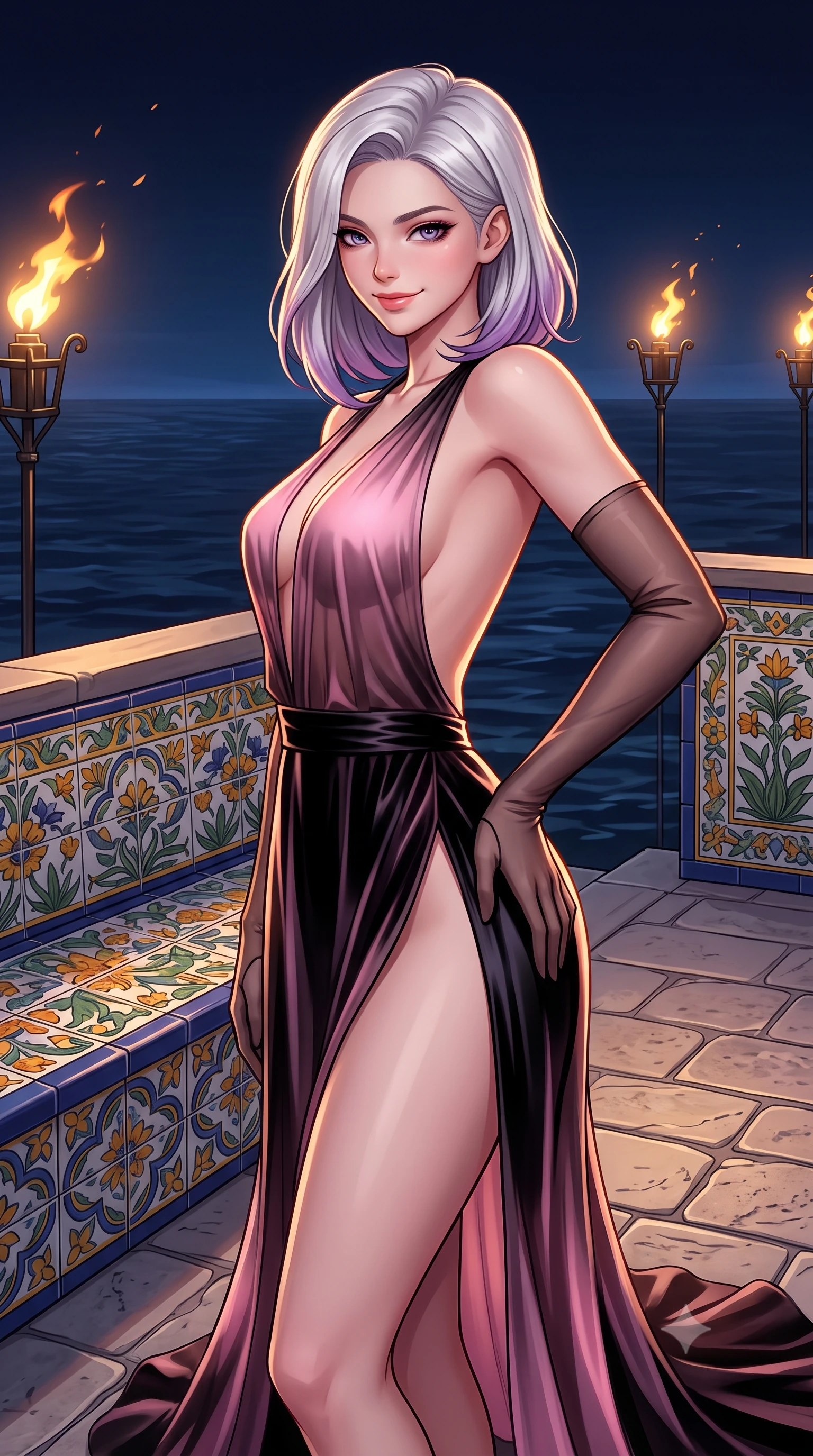 score_9, masterpiece, best quality, ultra-detailed, high-budget anime keyframe, semi-realistic 3D game render, editorial fashion photography, tasteful artistic composition, Caucasian woman. close-up cowboy shot from the waist and thighs up, the character dominates the composition, filling the frame with her large presence. tilting her head with a teasing half-smile, running one hand slowly down the side of her hip in a flirtatious S-curve as ambient light caresses her silhouette while standing poised on the cantilevered sea terrace beside the hand-painted ceramic tiled bench, arching her spine with siren elegance as oil torches flicker against the dark water. The surrounding environment is rendered in vivid detail and crisp panoramic clarity: sharp glazed ceramic tile Mediterranean floral motifs, hand-forged torch brackets, and limestone paving relief in deep focus. She has an exceptionally elegant, slender, and willowy female figure with an ultra-slim waist, flat toned midriff, narrow ribcage, and sculpted feminine hips creating an alluring, slim hourglass silhouette without bulk. sharp v-shaped jawline, high-bridge nose, intricate jewel-like sparkling eyes with depth, thick eyelashes, glossy parted lips with a natural peach sheen, bright cheerful beaming smile with an enchanting and coquettish sensual glint, exuding both youthful cute charm and seductive allure, flawlessly proportioned anatomical accuracy, strict slender model proportions, natural body alignment, perfectly sculpted long slender limbs, ultra-slim waistline, clean dynamic posture without body distortion. wearing a backless sheer chiffon peignoir gown with deep side slits clinging softly to her dewy skin in Kyoto moonlit sakura blush and polished urushi black, tailored from ultra-plush silk velvet with rich tactile depth and deep shadow gradients, complemented by sheer opera-length evening gloves tracing her slender arms, the second-skin tailored fabric adhering flawlessly to her sculpted flat midriff and slender torso, emphasizing her long leg lines and perfectly proportioned willowy build. illuminated by terrace tile reflection bounce and sharp flame-gold rim lights sculpting her razor-sharp jawline, narrow waist, and curvy hips. highly saturated vibrant anime colors, detailed shading with soft gradients, rich glossy textures, high-contrast stereoscopic depth, volumetric dynamic lighting, master piece, 9:16 ratio