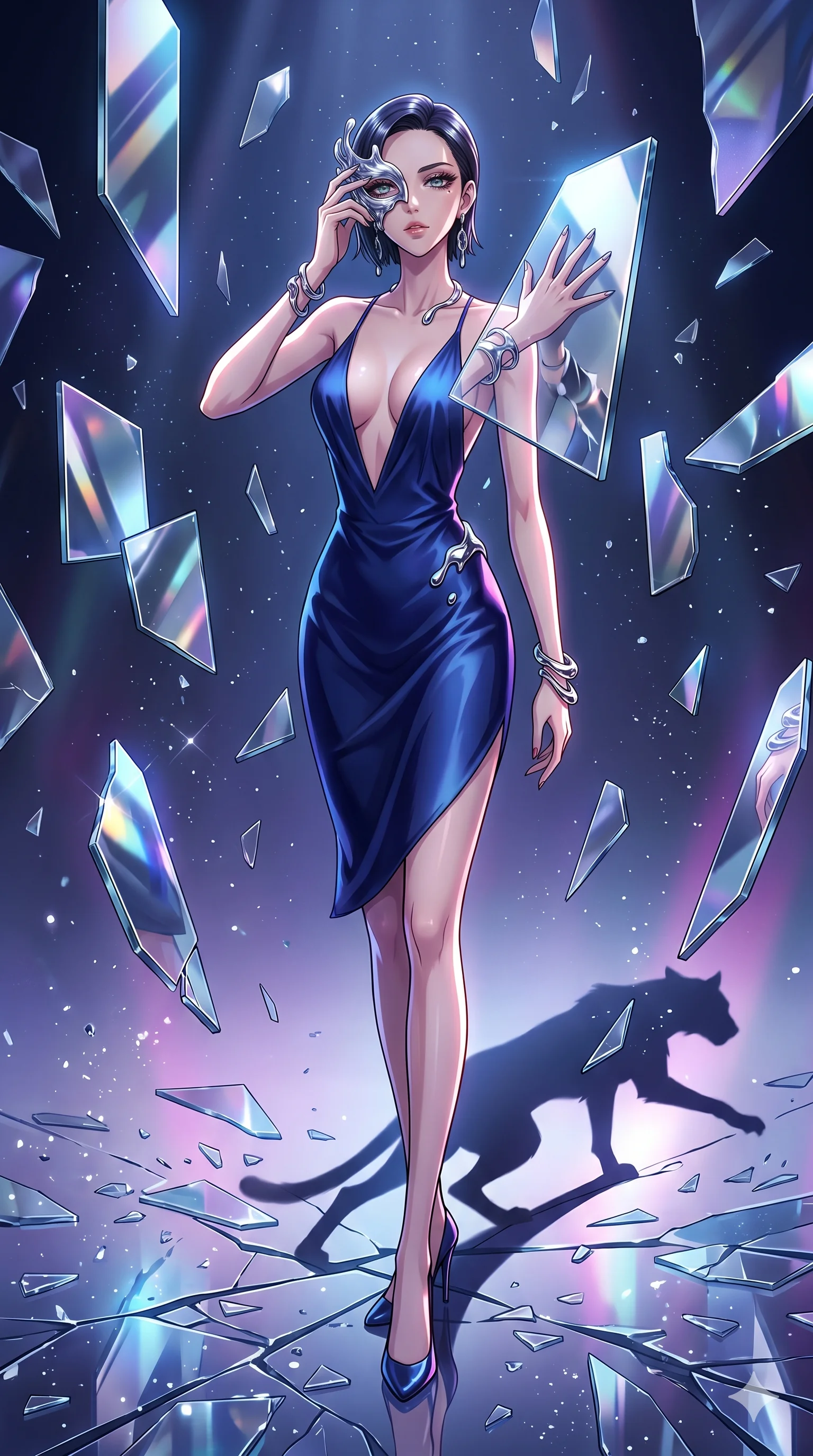 score_9, masterpiece, best quality, ultra-detailed, Set A: High-budget Anime Keyframe, Japanese woman. Low angle cowboy shot filling the entire 9:16 frame with her statuesque presence. Adjusting a mask through a dimension of floating mirrors, while her shadow mimics the movements of a predator 185 and surrounded by shattered glass fragments. She has an absolutely perfect 8-heads proportion, an exceptionally tall and slender female figure with impossibly long slender legs and an ultra-slim waist. Sharp v-shaped jawline, high-bridge nose, intricate jewel-like eyes with depth, thick eyelashes, glossy lips with a natural sheen. Wearing Elegant silk slip dress with a dangerously low neckline and molten mercury accessories. Cinematic lighting, vibrant colors, dramatic shadows, 2k, ultra detail, master piece, 9:16 ratio