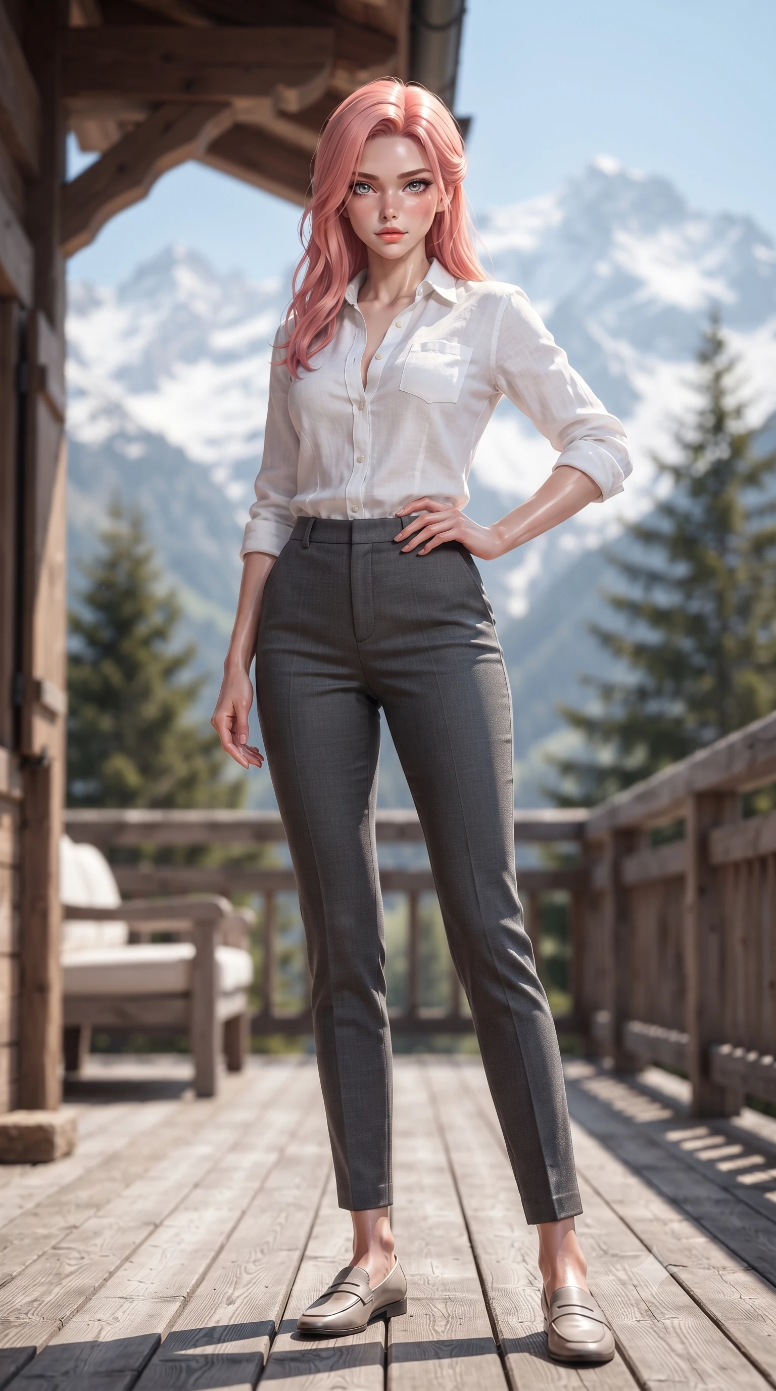 score_9, masterpiece, best quality, ultra-detailed, high-budget anime keyframe, editorial fashion photography, tasteful artistic composition, Japanese woman woman. low angle full-body shot from head to toe showing her feet, filling the entire 9:16 vertical frame with her statuesque presence, stretching her vertical silhouette. posing confidently with one hand on her hip, stretching her statuesque body to emphasize her curves the background shows a soft-focus a wooden veranda of a luxury chalet facing majestic snow-capped peaks. She has an absolutely perfect, statuesque 8.5-heads proportion, an exceptionally tall and slender model-like female figure with impossibly long slender legs and an ultra-slim waist. sharp v-shaped jawline, high-bridge nose, intricate jewel-like eyes with depth, thick eyelashes, glossy lips with a natural sheen. wearing a slim-fit classic white linen button-down shirt over charcoal grey trousers. bright morning alpine sun highlighting the white snow and green pine trees. ultra-reflective glossy finish, specular highlights, metallic sheen, high-contrast stereoscopic depth, volumetric dynamic lighting, 2k, ultra detail, master piece, 9:16 ratio