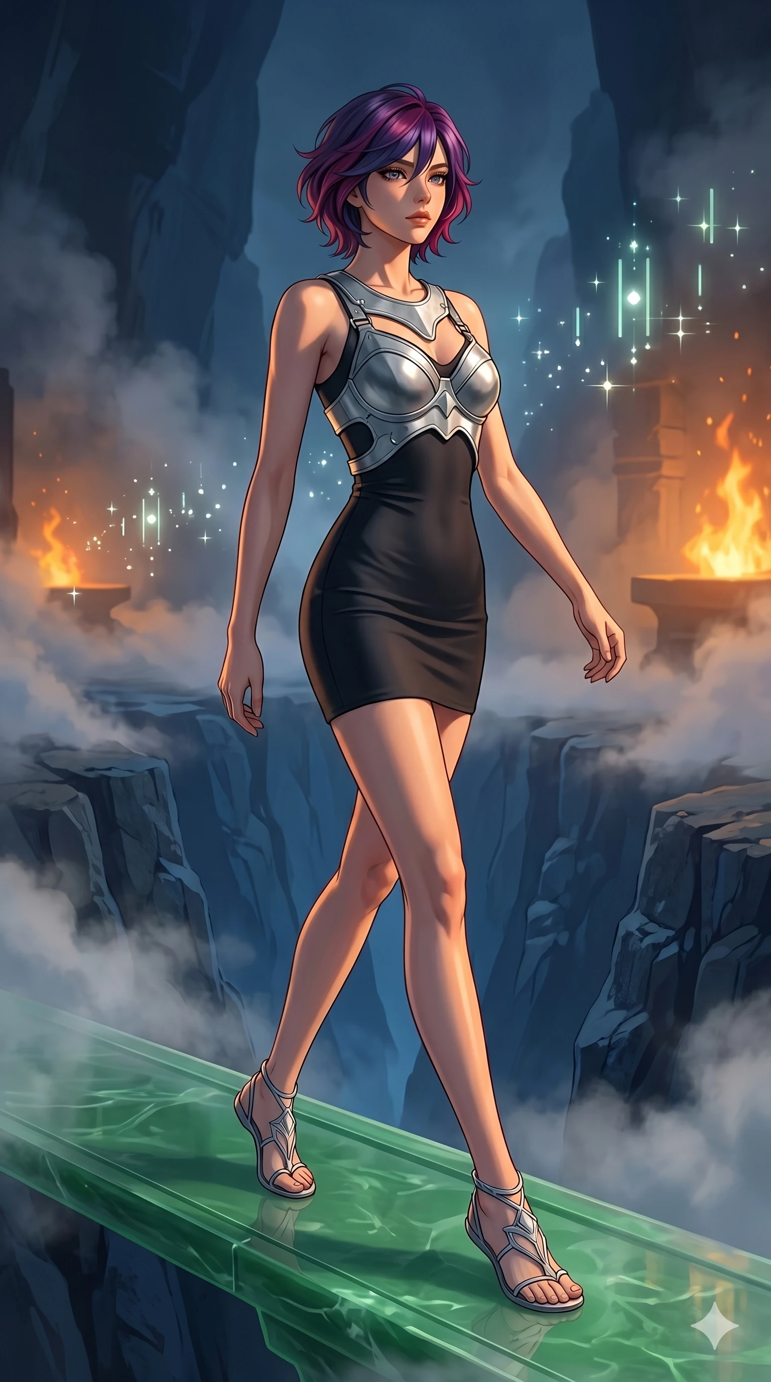 score_9, masterpiece, best quality, ultra-detailed, high-budget anime keyframe, editorial fashion photography, tasteful artistic composition, Korean woman. low angle full-body shot from head to toe showing her feet, filling the entire 9:16 vertical frame with her statuesque presence, stretching her vertical silhouette. Striding forward through a cloud of mist, her silhouette emerging with dramatic presence on a bridge of translucent green jade spanning a deep rocky canyon, as faint echoes of digital chimes float through the space. She has an absolutely perfect 8-heads proportion, an exceptionally tall and slender female figure with impossibly long slender legs and an ultra-slim waist. V-shaped jawline, high-bridge nose, intricate jewel-like eyes with depth, thick eyelashes, glossy lips with a natural sheen. wearing a sculpted silver plate harness worn over a matte black form-contouring mini slip dress. bathed in the warm, flickering orange light of an alchemical forge, casting long moving shadows. 2k, ultra detail, master piece, 9:16 ratio