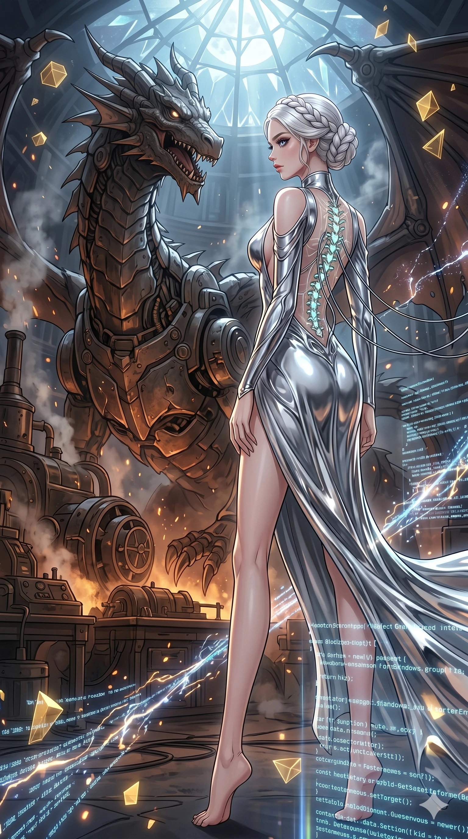 score_9, masterpiece, best quality, ultra-detailed, High-budget Anime Keyframe, vibrant colors, fluid line-art, expressive lighting, cinematic composition, Ufotable-style visual effects, top-tier animation quality, Korean woman with idol-like refined features. Wide-angle low shot emphasizing her impossibly long slender legs and commanding stature. Staring down a colossal mechanical dragon within a sprawling steampunk workshop, steam and embers filling the air. She has an absolutely perfect 8-heads proportion, an exceptionally tall and slender female figure with impossibly long slender legs and an ultra-slim waist, her statuesque height and towering silhouette dominating the vertical 9:16 frame. Her face is a masterpiece featuring a sharp v-shaped jawline, high-bridge nose, intricate jewel-like eyes with depth, thick eyelashes, and glossy lips with a natural sheen. She is wearing a Liquid mercury fabric dress that clings perfectly to her every curve with a deep plunging neckline crafted from Molten liquid mercury that flows and reflects the environment with metallic perfection, boasting shoulder cut-outs and a glowing spinal interface visible through the back. The scene is set in an abstract digital void with floating golden geometric shapes and rivers of flowing code, illuminated by ethereal moonlight filtering through a crystalline canopy, creating soft highlights. 2k, ultra detail, master piece, 9:16 ratio