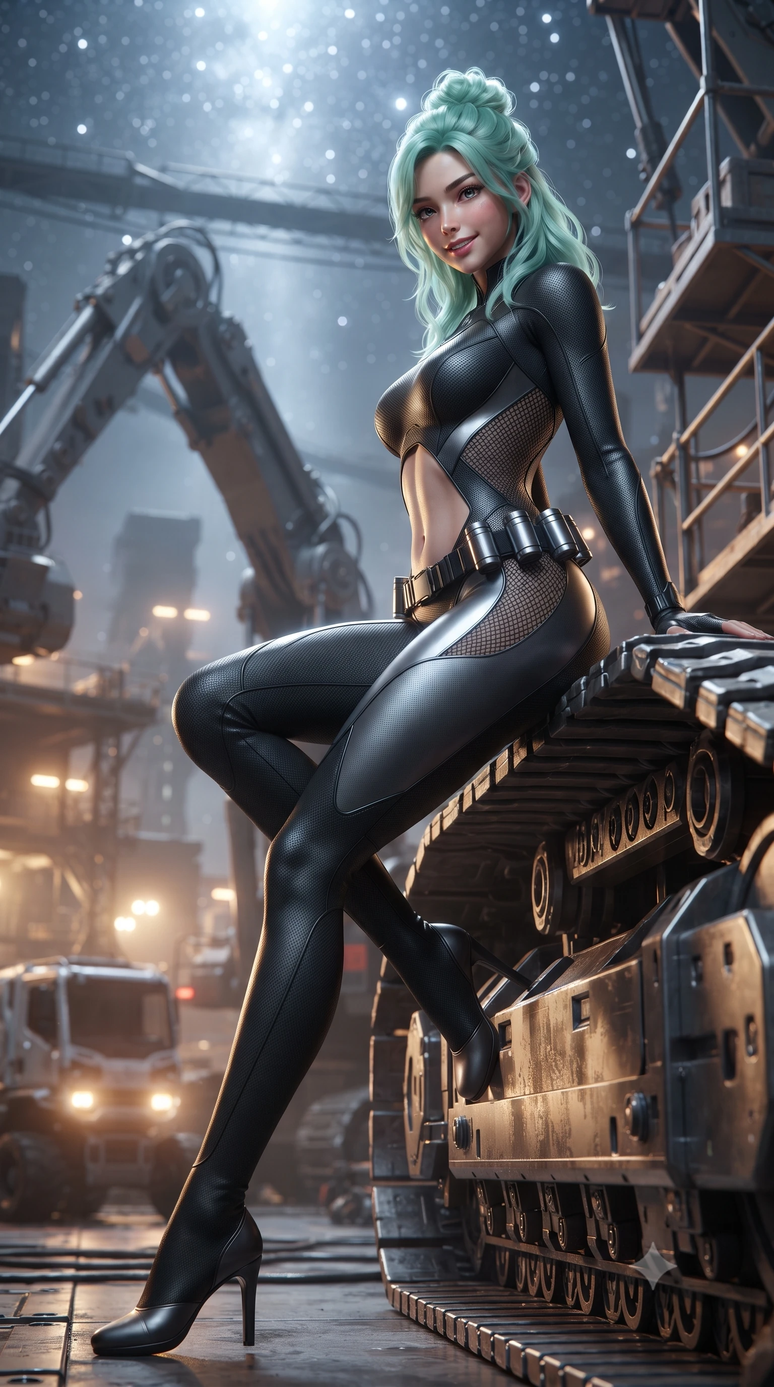 score_9, masterpiece, best quality, ultra-detailed, high-budget anime keyframe, editorial fashion photography, tasteful artistic composition, Japanese woman. low angle full-body shot from head to toe showing her feet, filling the entire 9:16 vertical frame with her statuesque presence, stretching her vertical silhouette. sitting perched on the elevated maintenance gantry edge with legs crossed and hips angled toward the camera, displaying her toned midriff and long slender limbs with joyful, coquettish charm while leaning against the titanium crawler track with hips cocked back, looking over her shoulder with an enchanting, fearless smile. The background shows a soft-focus towering robotic excavator arms and automated transport rovers softened in off-world mining shallow focus. She has an absolutely perfect, statuesque 8.5-heads proportion, an exceptionally tall and slender model-like female figure with impossibly long slender legs, an ultra-slim waist, a flat toned midriff, narrow delicate ribcage, and beautifully sculpted feminine hips creating a graceful, slim hourglass silhouette without any bulky heaviness. sharp v-shaped jawline, high-bridge nose, intricate jewel-like sparkling eyes with depth, thick eyelashes, glossy parted lips with a natural sheen, bright confident smile with an enchanting and coquettish sensual glint, exuding both youthful magnetic charm and sovereign high-tech allure, flawlessly proportioned anatomical accuracy, strict slender model proportions, natural body alignment, perfectly sculpted long slender limbs, ultra-slim waistline, clean dynamic posture without body distortion. wearing a futuristic cut-out nano-suit with diamond-shaped side-torso mesh insets tracing her slim hourglass curves in reflective liquid mercury and matte phantom grey, crafted from lightweight aerodynamic matte carbon-fiber weave with structural stiffness, accented with a sleek utility belt with polished magnetic canisters resting loosely on her curvy hips, the form-fitting tactical tailoring adhering flawlessly to her sculpted flat midriff and slender torso, emphasizing her long leg lines and perfectly proportioned willowy build. bathed in brilliant cold silver starlight from above and warm industrial sodium work-lights from below. ultra-reflective glossy finish, specular highlights, rich textural contrasts, high-contrast stereoscopic depth, volumetric dynamic lighting, 2k, ultra detail, master piece, 9:16 ratio