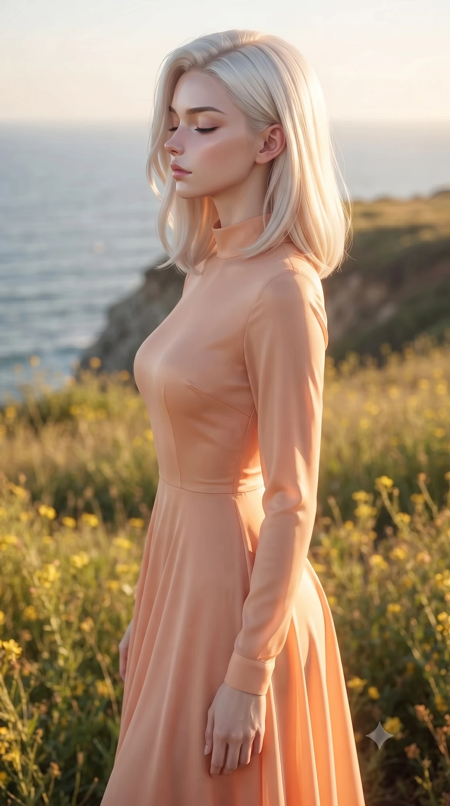 score_9, masterpiece, best quality, ultra-detailed, high-budget anime keyframe, editorial fashion photography, tasteful artistic composition, Caucasian woman woman. close-up cowboy shot from the waist and thighs up, the character dominates the composition, filling the frame with her large presence, background elements kept in soft focus. turning her face in profile to catch the warm sunlight on her cheek, eyes softly closed the background shows a soft-focus a grassy field of wild yellow flowers on a cliff overlooking the ocean. She has an exceptionally elegant, slender, and willowy female figure with an ultra-slim waist, a gracefully sculpted slender torso, and a refined silhouette. sharp v-shaped jawline, high-bridge nose, intricate jewel-like eyes with depth, thick eyelashes, glossy lips with a natural sheen. wearing a form-contouring flowy peach-colored chiffon maxi dress with long sleeves and a high collar. soft golden afternoon light wrapping the landscape in warmth. ultra-reflective glossy finish, specular highlights, metallic sheen, high-contrast stereoscopic depth, volumetric dynamic lighting, 2k, ultra detail, master piece, 9:16 ratio