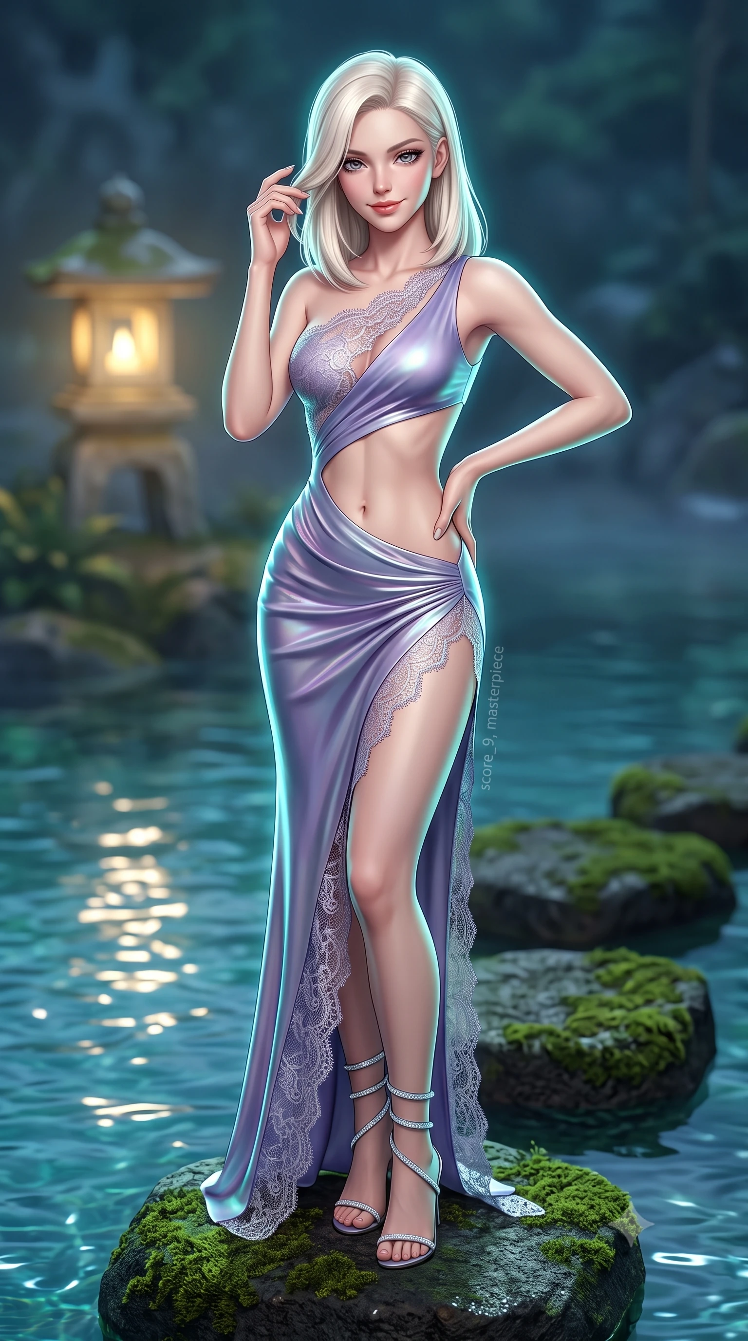 score_9, masterpiece, best quality, ultra-detailed, high-budget anime keyframe, semi-realistic 3D game render, editorial fashion photography, tasteful artistic composition, Caucasian woman. close-up cowboy shot from the waist and thighs up, the character dominates the composition, filling the frame with her large presence. twisting her slender torso in an alluring contrapposto stance, one hand resting on her sculpted hip while her fingers toy with her hair with effortless poise while standing poised on the mossy volcanic stepping stone in the natural spring lagoon, arching her back with hypnotic island siren allure. The background shows a soft-focus stone lantern glows softened in mystical Balinese sanctuary shallow focus. She has an exceptionally elegant, slender, and willowy female figure with an ultra-slim waist, flat toned midriff, narrow ribcage, and sculpted feminine hips creating an alluring, slim hourglass silhouette without bulk. sharp v-shaped jawline, high-bridge nose, sparkling eyes with hypnotic seductive depth, thick curled eyelashes, glossy parted lips with a natural dewy peach sheen, alluring bedroom-eyes with an enchanting coquettish smile, exuding magnetic siren charisma and sophisticated glamour, flawlessly proportioned anatomical accuracy, strict slender model proportions, natural body alignment, perfectly sculpted long slender limbs, ultra-slim waistline, clean dynamic posture without body distortion. wearing an asymmetric one-shoulder liquid jersey gown with dramatic hip-high slit and sculptural waist cutout in dusk lavender and iridescent silver, made of delicate semi-sheer French Chantilly lace with intricate eyelash edges, complemented by strappy stiletto sandals with crystal ankle wraps accentuating her slender calves, the second-skin tailored fabric adhering flawlessly to her sculpted flat midriff and slender torso, emphasizing her long leg lines and perfectly proportioned willowy build. illuminated by spring water specular reflections and sharp platinum-turquoise rim lights sculpting her jawline, flat midriff, and curvy hips. highly saturated vibrant anime colors, detailed shading with soft gradients, rich glossy textures, high-contrast stereoscopic depth, volumetric dynamic lighting, master piece, 9:16 ratio