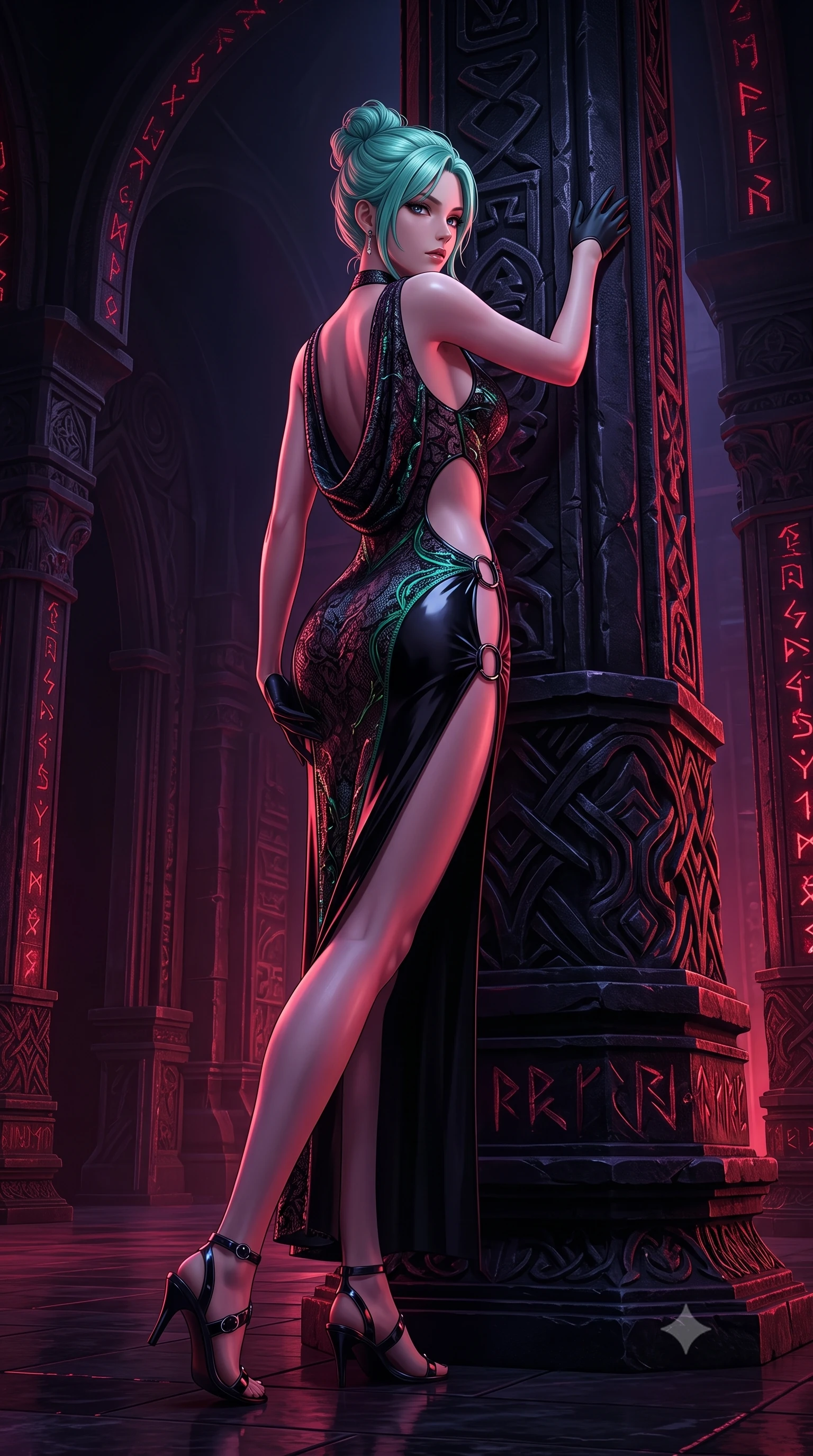 score_9, masterpiece, best quality, ultra-detailed, high-budget anime keyframe, semi-realistic 3D game render, editorial fashion photography, tasteful artistic composition, Japanese woman. low angle full-body shot from head to toe showing her feet, filling the entire 9:16 vertical frame with her statuesque presence, stretching her vertical silhouette. pivoting dynamically in mid-motion with a breathtakingly alluring posture, displaying her flawless model proportions, toned flat midriff, and ultra-slim waist while pivoting dynamically beside a colossal carved obsidian pillar with one hand trailing down her hip in a tempting gesture. The surrounding environment is rendered in vivid detail and crisp panoramic clarity. intense dark chiaroscuro and ancient subterranean throne architecture rendered with precision. She has an absolutely perfect, statuesque 8.5-heads proportion, an exceptionally tall and slender model-like female figure with impossibly long slender legs, a toned flat midriff, and an ultra-slim waist. sharp v-shaped jawline, high-bridge nose, intricate jewel-like eyes with depth, thick eyelashes, glossy lips with a natural sheen, flawlessly proportioned anatomical accuracy, strict slender model proportions, natural body alignment, perfectly sculpted long slender limbs, ultra-slim waistline, clean dynamic posture without body distortion. wearing a precision-fitted liquid jersey bodycon dress in obsidian black with a dramatic draped cowl back that swoops down to her waist and a high side slit in high-gloss lacquer black and electric emerald highlights, crafted from delicate dark lace interwoven with luminescent micro-fibers, detailed with polished gunmetal rings connecting the daring side-waist cutouts, the sleek second-skin cut tightly hugging her graceful clavicle, narrow waist, and feminine curves with athletic precision. bathed in glowing crimson rune uplights and deep obsidian shadow contrast. rich saturated anime colors with deep moody shadows, detailed chiaroscuro shading with soft gradients, rich glossy textures, high-contrast stereoscopic depth, volumetric dynamic shadow lighting, master piece, 9:16 ratio