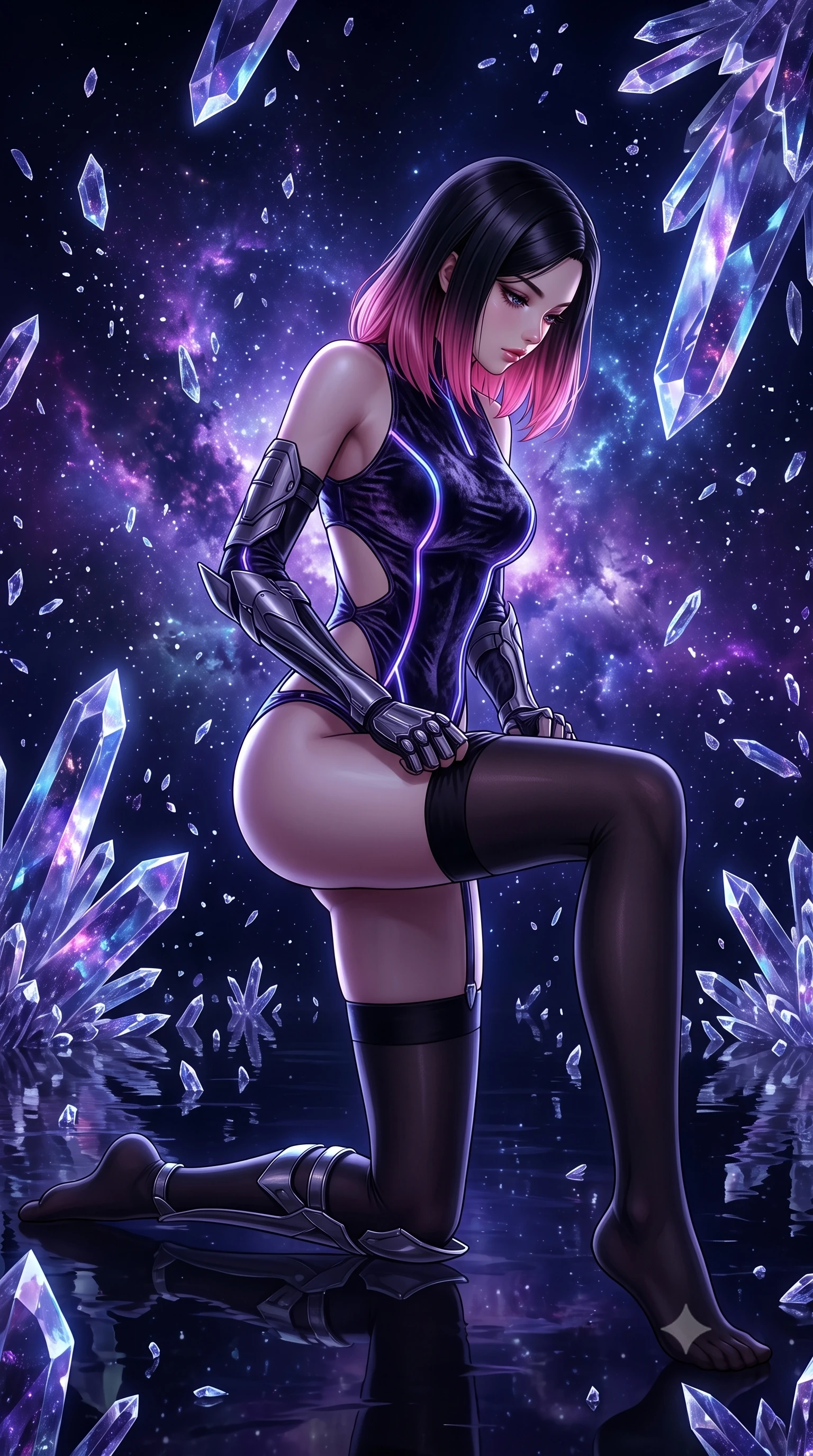 score_9, masterpiece, best quality, ultra-detailed, High-budget Anime Keyframe, East Asian woman. Dynamic full-body shot stretching the vertical silhouette to the limit. Scenario 250: adjusting her thigh-high stocking near a dark void filled with floating crystal shards reflecting purple nebulae. Her presence is magnetic and overpowering in this high-budget anime scene. Outfit 250: a slim-fit crushed dark velvet bare with a strategic side cut-outs and glowing LED seams. The clothing is designed to emphasize her exceptionally tall and slender 8-heads proportion. 8-heads proportion, towering silhouette, ultra-slim waist. sharp v-shaped jawline, intricate jewel-like eyes with depth, thick eyelashes, glossy lips. 2k, ultra detail, master piece, 9:16 ratio