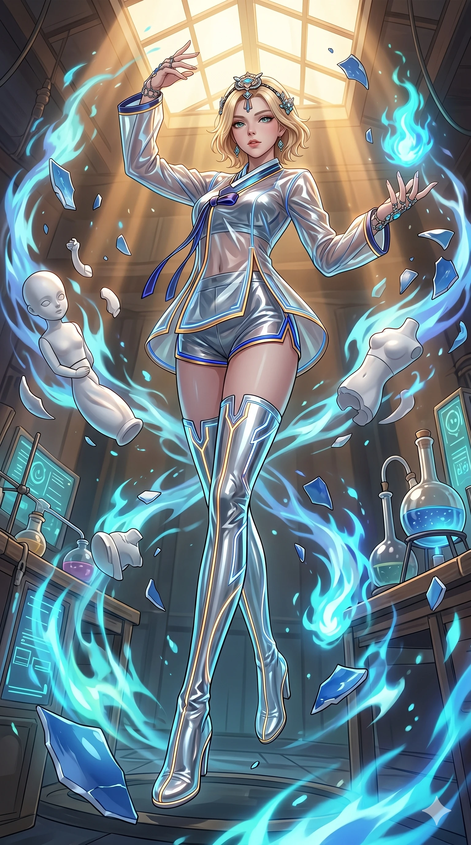 score_9, masterpiece, best quality, ultra-detailed, high-budget anime keyframe, Japanese woman. low angle full-body shot filling the entire 9:16 frame with her statuesque presence, stretching the vertical silhouette. assisting in an alchemical porcelain workshop where floating white bisque doll parts and blue porcelain shards swirl amidst blue alchemical flames. She has an absolutely perfect 8-heads proportion, an exceptionally tall and slender female figure with impossibly long slender legs and an ultra-slim waist. V-shaped jawline, high-bridge nose, intricate jewel-like eyes with depth, thick eyelashes, glossy lips with a natural sheen.. wearing a vinyl liquid mercury fusion hanbok, featuring a translucent chrome-silver vinyl jeogori and high-waist micro-shorts, detailed with glowing neon wire trims and a tasteful chest slit. showcasing a beautiful play of light and shadow, with warm golden rays clashing against cool cyan highlights. 2k, ultra detail, master piece, 9:16 ratio