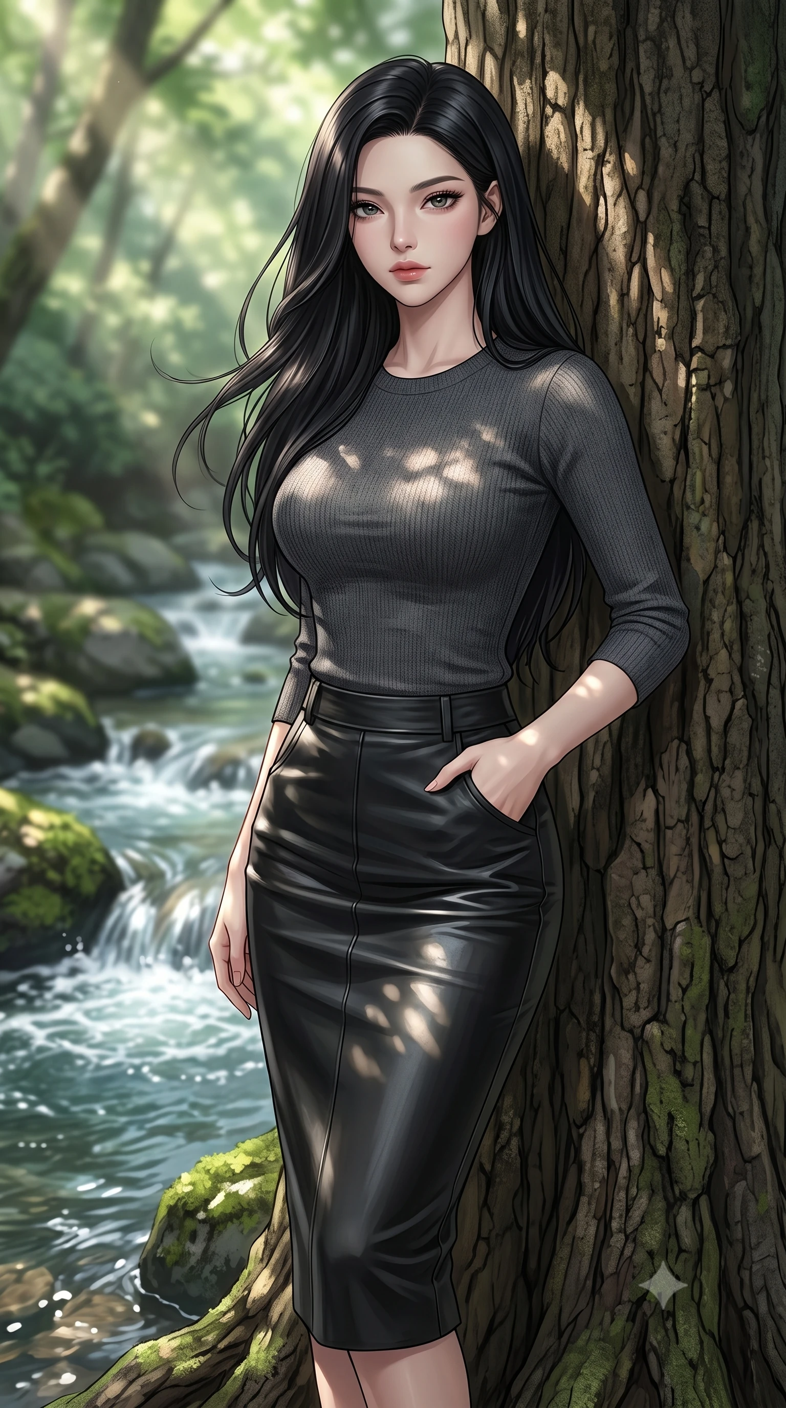 score_9, masterpiece, best quality, ultra-detailed, high-budget anime keyframe, editorial fashion photography, tasteful artistic composition, Korean woman woman. close-up cowboy shot from the waist and thighs up, the character dominates the composition, filling the frame with her large presence, background elements kept in soft focus. standing relaxed against a tree trunk, sharing a quiet, serene moment with the viewer the background shows a soft-focus a mossy stone bank beside a bubbling forest stream with clear running water. She has an exceptionally elegant, slender, and willowy female figure with an ultra-slim waist, a gracefully sculpted slender torso, and a refined silhouette. sharp v-shaped jawline, high-bridge nose, intricate jewel-like eyes with depth, thick eyelashes, glossy lips with a natural sheen. wearing a slim-fit body-hugging knit top in charcoal grey, paired with a tight-fitting leather midi skirt. dappled sunbeams reflecting off the moving water surface onto her form. 2k, ultra detail, master piece, 9:16 ratio
