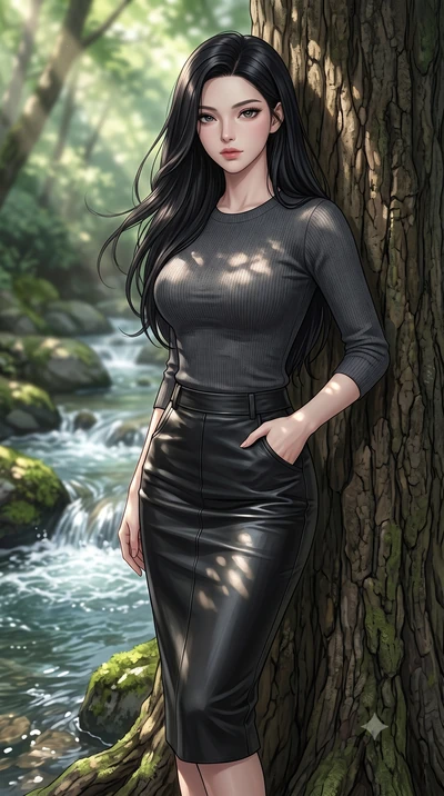 score_9, masterpiece, best quality, ultra-detailed, high-budget anime keyframe, editorial fashion photography, tasteful artistic composition, Korean woman woman. close-up cowboy shot from the waist and thighs up, the character dominates the compositi