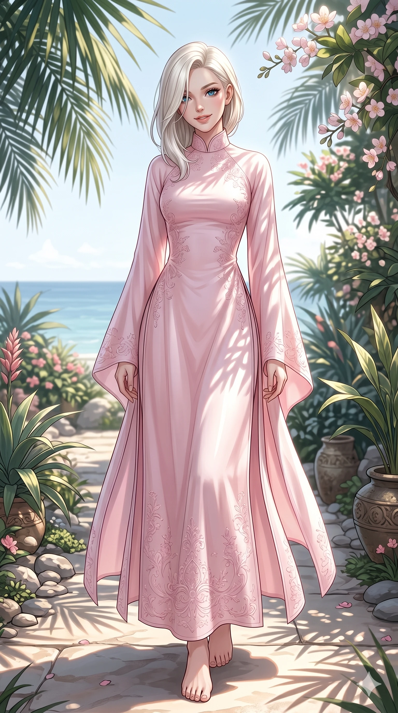 score_9, masterpiece, best quality, ultra-detailed, high-budget anime keyframe, editorial fashion photography, tasteful artistic composition, Caucasian woman, strictly human ears. low angle full-body shot from head to toe showing her feet, filling the entire 9:16 vertical frame with her statuesque presence, stretching her vertical silhouette. tilting her head with a playful, teasing smile, letting a lock of hair fall over her eyes in a quiet seaside garden illuminated by bright midday sunshine (Code-P19-034). She has an absolutely perfect 8-heads proportion, an exceptionally tall and slender female figure with impossibly long slender legs and an ultra-slim waist. V-shaped jawline, high-bridge nose, intricate jewel-like eyes with depth, thick eyelashes, glossy lips with a natural sheen. wearing a modern high-neck traditional robe in light pink silk with long elegant sleeves. soft silver moonlight filtered through the palm leaves, creating a mystical and elegant glow. 2k, ultra detail, master piece, 9:16 ratio