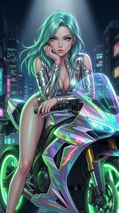 score_9, masterpiece, best quality, ultra-detailed, high-budget anime keyframe, Japanese woman. Upper body close-up from the thighs up, character filling the screen for maximum presence. She is leaning over a sleek, glowing holographic cyberpunk moto