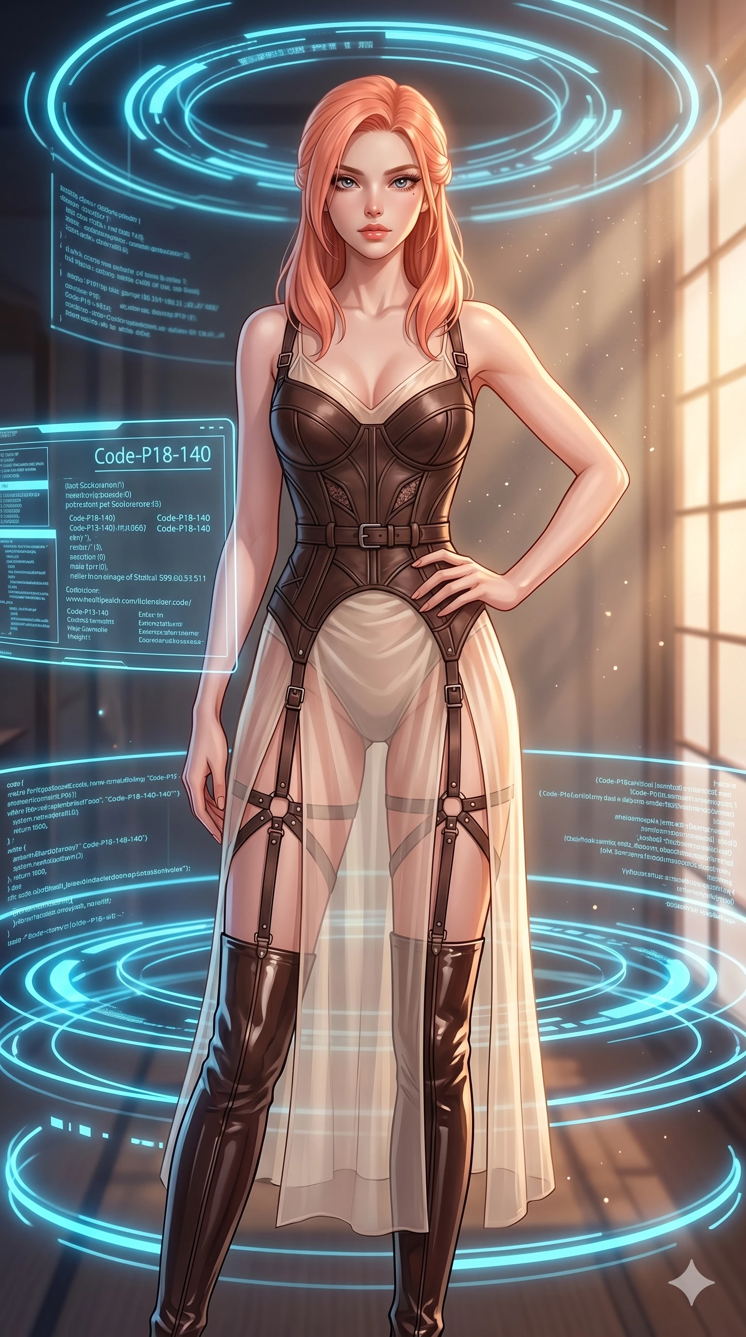 score_9, masterpiece, best quality, ultra-detailed, high-budget anime keyframe, editorial fashion photography, tasteful artistic composition, Japanese woman. cowboy shot from the thighs up, character and outfit filling the frame for maximum editorial presence. resting her hand on her hip, looking directly into the camera in a digital void chamber with rotating holographic neon blue rings (Code-P18-140). She has an absolutely perfect 8-heads proportion, an exceptionally tall and slender female figure with impossibly long slender legs and an ultra-slim waist. V-shaped jawline, high-bridge nose, intricate jewel-like eyes with depth, thick eyelashes, glossy lips with a natural sheen. wearing a custom leather structured bodice over a translucent silk slip dress. soft warm morning sunbeams filtering through the paper screens, casting a gentle glow. 2k, ultra detail, master piece, 9:16 ratio