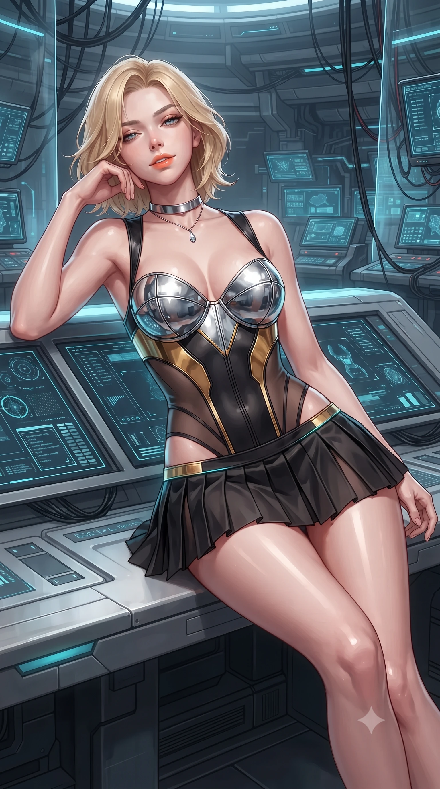 score_9, masterpiece, best quality, ultra-detailed, high-budget anime keyframe, editorial fashion photography, tasteful artistic composition, Caucasian woman. close-up cowboy shot from the waist and thighs up, the character dominates the composition, filling the frame with her large presence. leaning back against the balustrade with relaxed seductive grace, head tilted back slightly while casting a hypnotic, heavy-lidded gaze while lounging gracefully against the central diagnostic console propped on one elbow with legs extended, displaying her long slender limbs and statuesque hourglass silhouette. The surrounding environment is rendered in vivid detail and crisp panoramic clarity: detailed outfit texture, bodycon fit, and monumental high-tech computer architecture in high resolution. She has an exceptionally elegant, slender, and willowy female figure with an ultra-slim waist, flat toned midriff, narrow ribcage, and sculpted feminine hips creating an alluring, slim hourglass silhouette without bulk. sharp v-shaped jawline, high-bridge nose, intricate jewel-like sparkling eyes with depth, thick eyelashes, glossy parted lips with a natural peach sheen, bright cheerful beaming smile with an enchanting and coquettish sensual glint, exuding both youthful cute charm and seductive allure, flawlessly proportioned anatomical accuracy, strict slender model proportions, natural body alignment, perfectly sculpted long slender limbs, ultra-slim waistline, clean dynamic posture without body distortion. wearing a chrome-plated structured underwire bustier top paired with an ultra-short low-rise pleated micro mini skirt in singularity accretion gold and deep space void black, featuring strategic sheer-illusion tulle side panels framing her ribcage and hips, finished with a minimalist chrome choker and a single teardrop diamond pendant, the liquid-tight tailored fabric clinging flawlessly to her narrow waist and rounded feminine hips, emphasizing every millimeter of her sculpted slim hourglass curves without any bulky heaviness. illuminated by glass gantry reflection bounce and sharp laser-cyan rim lights defining her razor-sharp jawline, narrow waist, and curvy hips. ultra-reflective glossy finish, specular highlights, rich textural contrasts, high-contrast stereoscopic depth, volumetric dynamic lighting, 2k, ultra detail, master piece, 9:16 ratio