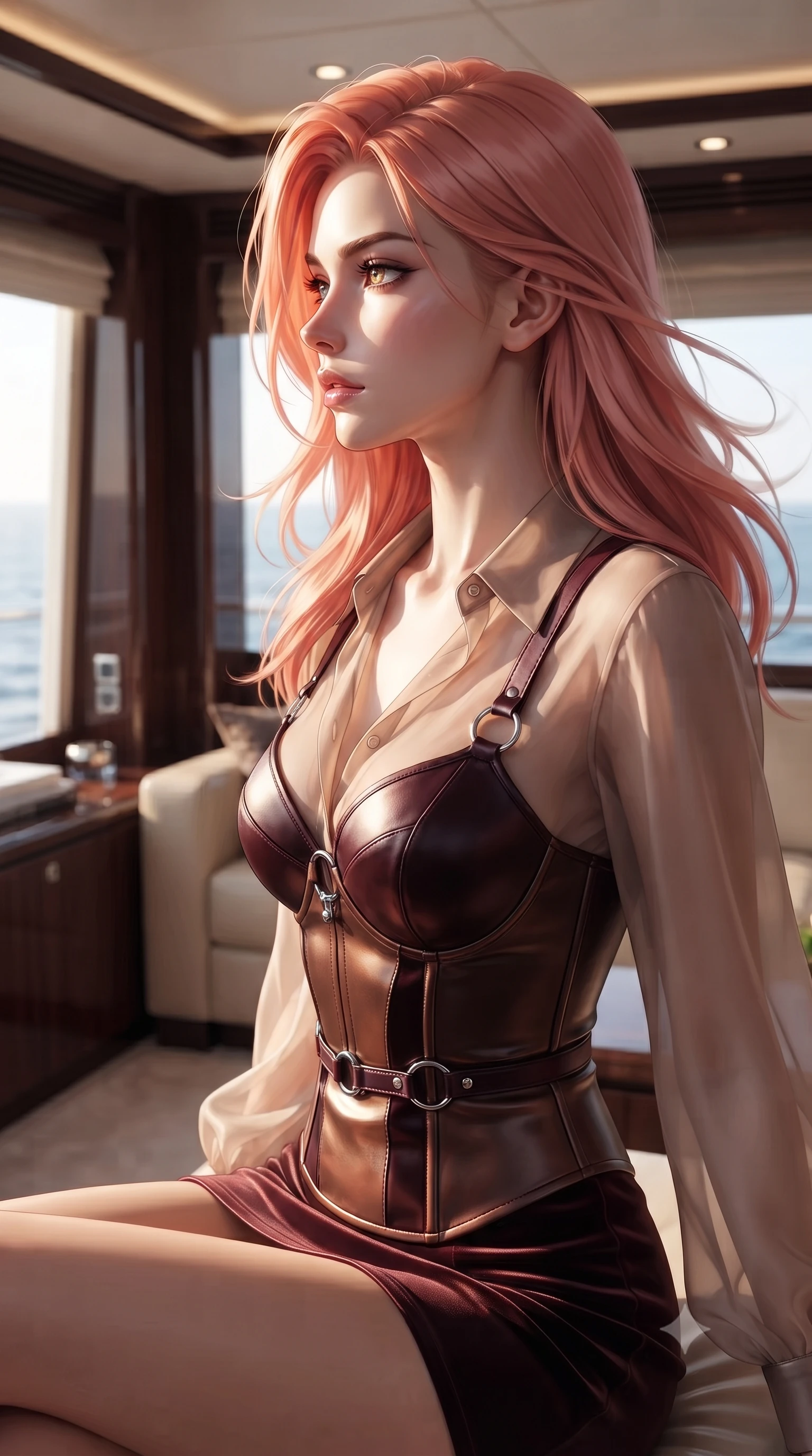 score_9, masterpiece, best quality, ultra-detailed, high-budget anime keyframe, editorial fashion photography, tasteful artistic composition, Japanese woman. close-up cowboy shot from the waist and thighs up, the character dominates the composition, filling the frame with her large presence, background elements kept in soft focus. Turning her face in sharp dramatic profile against the bright light, showcasing her sharp v-shaped jawline resting in a cozy yacht cabin lounge with panoramic sea views, ocean breeze blowing her hair and lightweight attire into fluid motions. She has an exceptionally elegant, slender, and willowy female figure with an ultra-slim waist, a gracefully sculpted slender torso, and a refined silhouette. sharp v-shaped jawline, high-bridge nose, intricate jewel-like eyes with depth, thick eyelashes, glossy lips with a natural sheen. wearing a tailored leather bustier over a sheer silk chiffon blouse in deep burgundy and bronze, made of premium stretch velvet with a rich sheen, accented with delicate chrome ring hardware framing her waist, the tailored fabric tightly following every curve of her athletic build. surrounded by a high-contrast marine lighting with bright specular highlights. ultra-reflective glossy finish, specular highlights, metallic sheen, high-contrast stereoscopic depth, volumetric dynamic lighting, 2k, ultra detail, master piece, 9:16 ratio