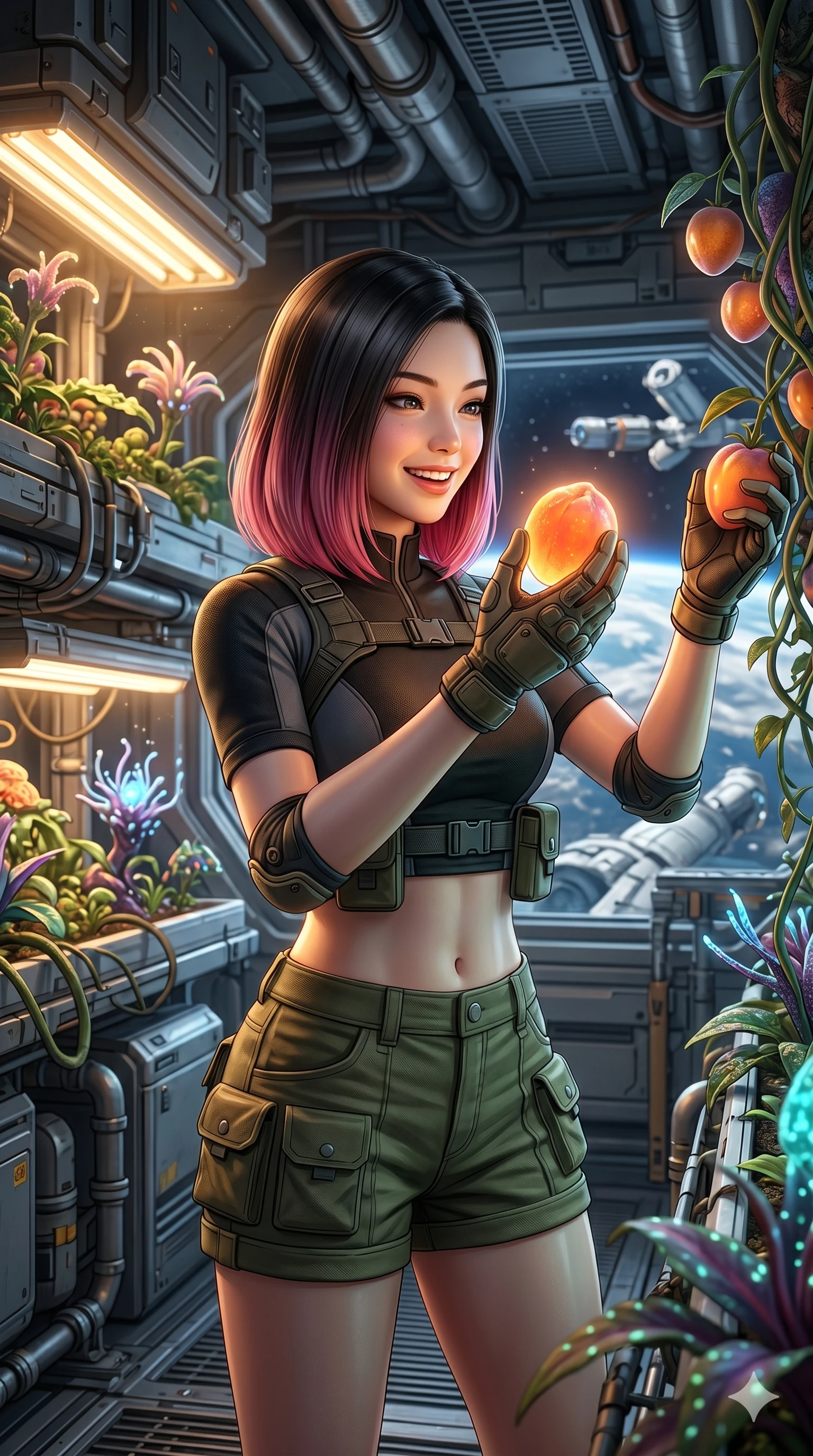 score_9, masterpiece, best quality, ultra-detailed, high-budget anime keyframe, semi-realistic 3D game render, Korean woman. Upper body close-up from the thighs up, character filling the screen for maximum presence. Inside a space station greenhouse, picking space fruit, holding a glowing fruit in her hand with a happy, excited expression. She is wearing a cropped tech-wear top, utility shorts, and protective gloves. The scene is lit by warm sun lamps and the soft orange glow of the fruit. 2k, ultra detail, master piece, 9:16 ratio