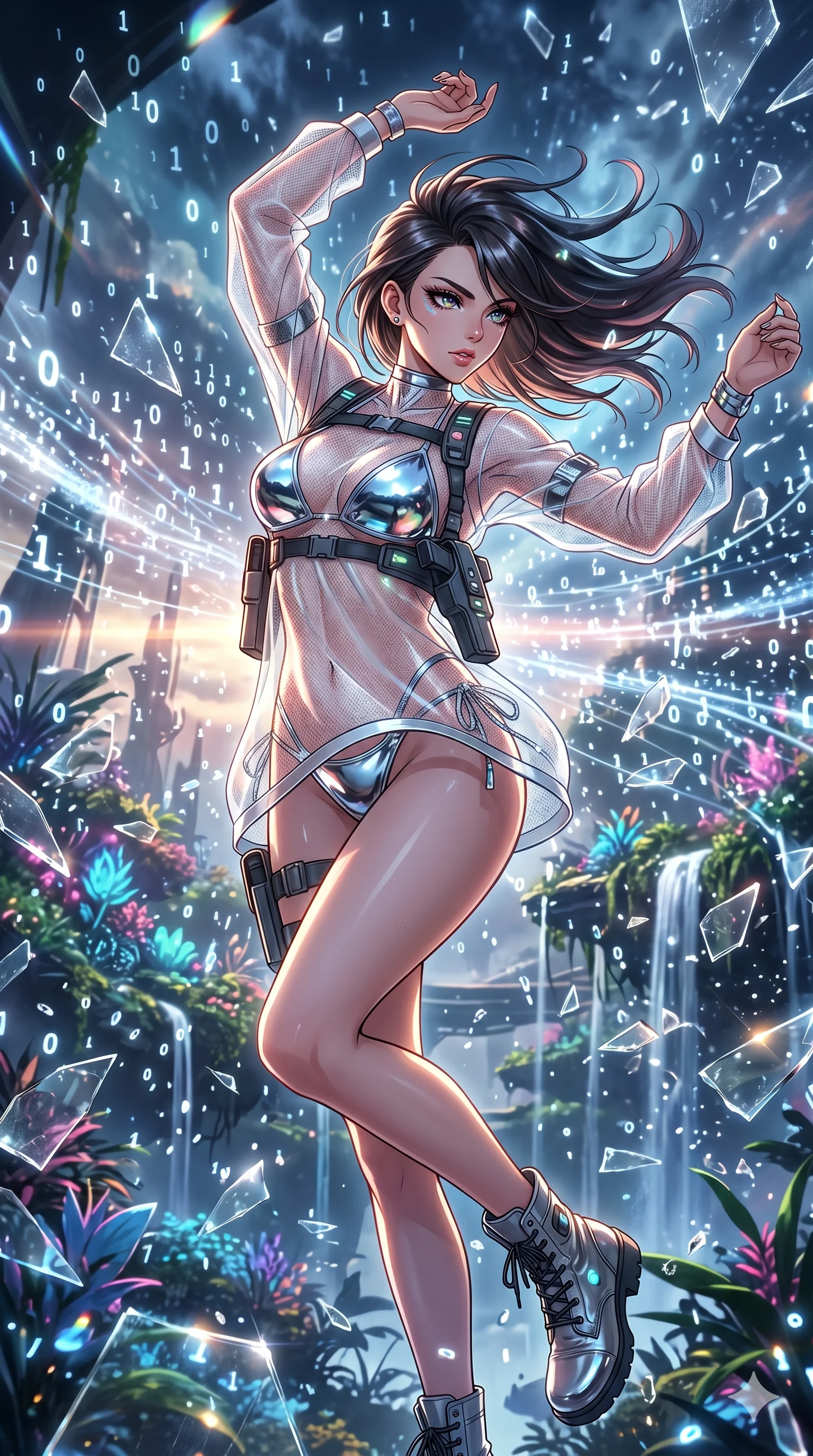 score_9, masterpiece, best quality, ultra-detailed, Set A: High-budget Anime Keyframe, Caucasian (strictly human ears) woman. Upper body close-up from the thighs up, character filling the screen for maximum presence. Dancing through a floating botanical garden, while a digital blizzard of 119 bits obscures the horizon and surrounded by shattered glass fragments. She has an absolutely perfect 8-heads proportion, an exceptionally tall and slender female figure with impossibly long slender legs and an ultra-slim waist. Sharp v-shaped jawline, high-bridge nose, intricate jewel-like eyes with depth, thick eyelashes, glossy lips with a natural sheen. Wearing Reflective chrome bikini under a translucent mesh cover-up with tactical holsters. Cinematic lighting, vibrant colors, dramatic shadows, 2k, ultra detail, master piece, 9:16 ratio