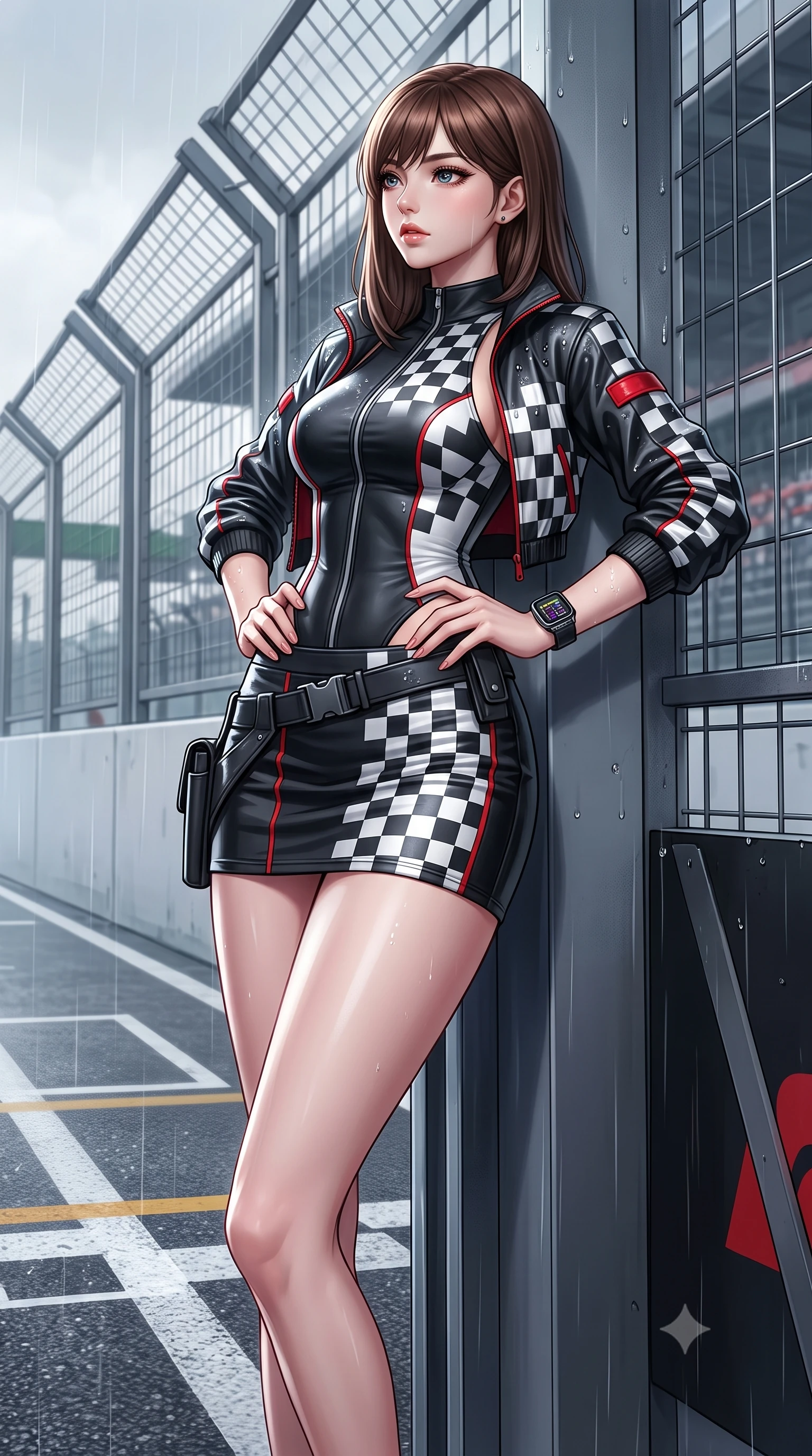 score_9, masterpiece, best quality, ultra-detailed, high-budget anime keyframe, semi-realistic 3D game render, editorial fashion photography, tasteful artistic composition, Korean woman. low angle full-body shot from head to toe showing her feet, filling the entire 9:16 vertical frame with her statuesque presence, stretching her vertical silhouette. leaning deep against the structural architecture with hips cocked in an unapologetically bold, seductive high-fashion stance while twisting her athletic torso in an alluring S-curve while resting both hands on her hips, looking past the camera with fearless allure. The surrounding environment is rendered in vivid detail and crisp panoramic clarity. crisp starting grid painted lines, rain droplet beads on leather jacket, and circuit fencing in deep focus. She has an absolutely perfect, statuesque 8.5-heads proportion, an exceptionally tall and slender model-like female figure with impossibly long slender legs, a toned flat midriff, and an ultra-slim waist. sharp v-shaped jawline, high-bridge nose, intricate jewel-like eyes with depth, thick eyelashes, glossy parted lips with a natural sheen, intensely captivating and seductive expression, flawlessly proportioned anatomical accuracy, strict slender model proportions, natural body alignment, perfectly sculpted long slender limbs, ultra-slim waistline, clean dynamic posture without body distortion. wearing a sporty high-cut racerback bodysuit paired with an open technical windbreaker and micro-skirt in monochrome checkerboard black and white with red accents, tailored from supple second-skin lambskin leather adhering to her curves, equipped with a low-slung utility holster and racing telemetry smartwatch, the sleek tactical cut tightly hugging her graceful clavicle, narrow waist, and athletic curves with statuesque precision. illuminated by crisp directional rim lighting sharply defining her razor-sharp jawline and feminine curves. highly saturated vibrant anime colors, detailed shading with soft gradients, rich glossy textures, high-contrast stereoscopic depth, volumetric dynamic lighting, master piece, 9:16 ratio