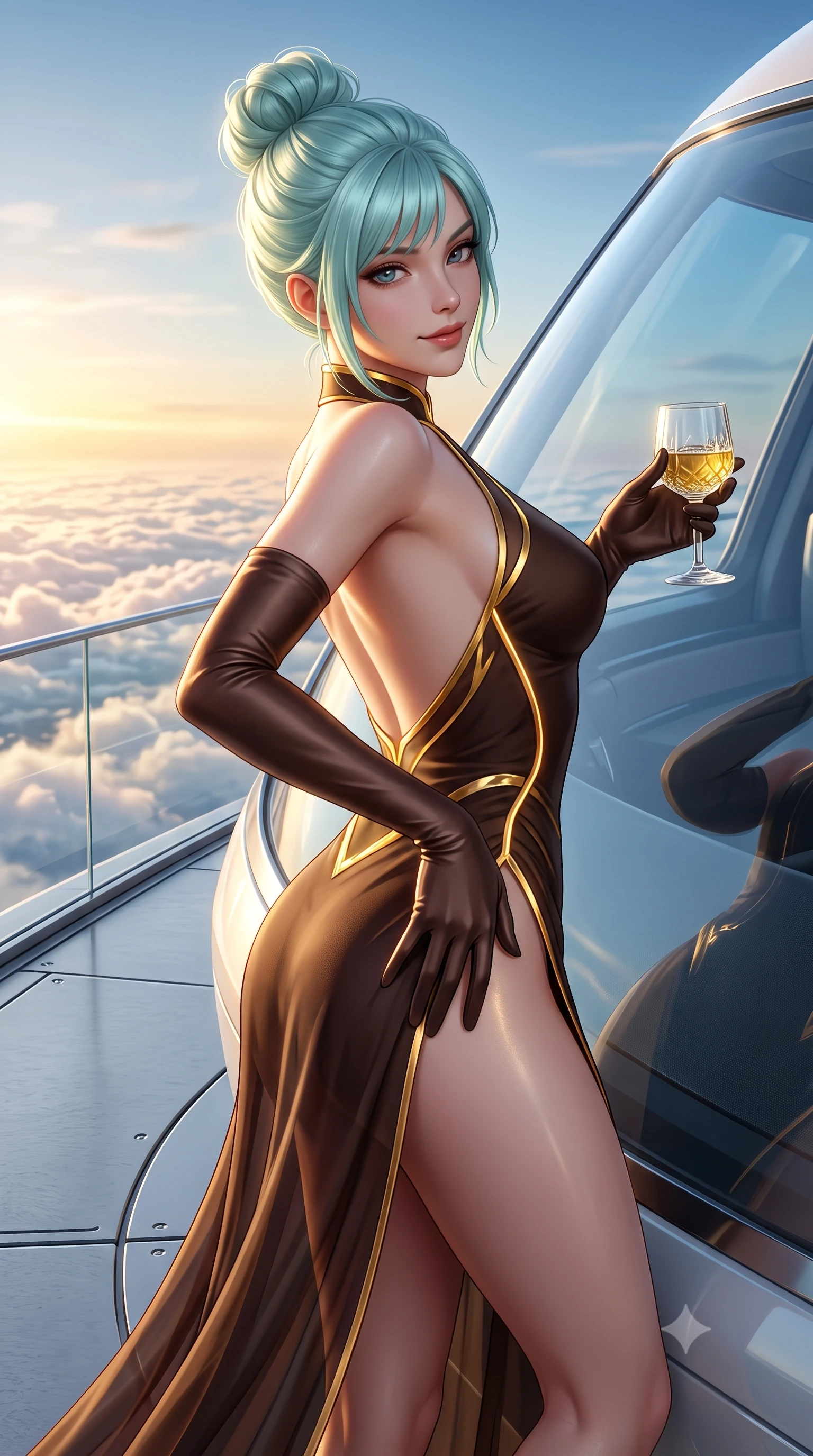score_9, masterpiece, best quality, ultra-detailed, high-budget anime keyframe, semi-realistic 3D game render, editorial fashion photography, tasteful artistic composition, Japanese woman. close-up cowboy shot from the waist and thighs up, the character dominates the composition, filling the frame with her large presence. arching her spine backward with effortless dancer poise, one hand sliding along her hip line as directional light carves specular highlights along her silhouette while leaning against the aerodynamic windscreen with hips cocked back, looking over her bare shoulder with an audacious, jet-set heiress smile. The surrounding environment is rendered in vivid detail and crisp panoramic clarity. sharp titanium deck seams, scratchless glass balustrade clarity, and stratospheric cloud texture in deep focus. She has an exceptionally elegant, slender, and willowy female figure with an ultra-slim waist, flat toned midriff, narrow ribcage, and sculpted feminine hips creating an alluring, slim hourglass silhouette without bulk. sharp v-shaped jawline, high-bridge nose, intricate jewel-like eyes with depth, thick eyelashes, glossy parted lips with a natural sheen, intensely captivating and seductive bedroom-eyes expression, flawlessly proportioned anatomical accuracy, strict slender model proportions, natural body alignment, perfectly sculpted long slender limbs, ultra-slim waistline, clean dynamic posture without body distortion. wearing a modernized cyber-qipao mini dress with an ultra-high side slit ascending to the hip and glowing piping in dark espresso brown and molten gold foil, woven from layered gossamer chiffon with a weightless sweeping drape, accessorized with opera-length satin gloves and a vintage crystal glass, the second-skin form-contouring cut accentuating her sculpted flat midriff, narrow delicate ribcage, and gracefully curvy hips with supermodel precision. bathed in glorious golden hour stratospheric sunbeams streaming unobstructed across the cloud deck. highly saturated vibrant anime colors, detailed shading with soft gradients, rich glossy textures, high-contrast stereoscopic depth, volumetric dynamic lighting, master piece, 9:16 ratio