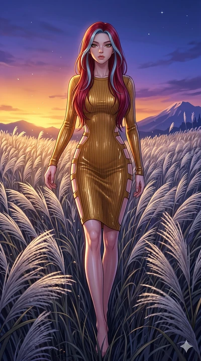 score_9, masterpiece, best quality, ultra-detailed, High-budget Anime Keyframe, East Asian woman. Dynamic full-body shot stretching the vertical silhouette to the limit. Scenario 18: Walking through a field of tall silver grass at twilight. Her prese