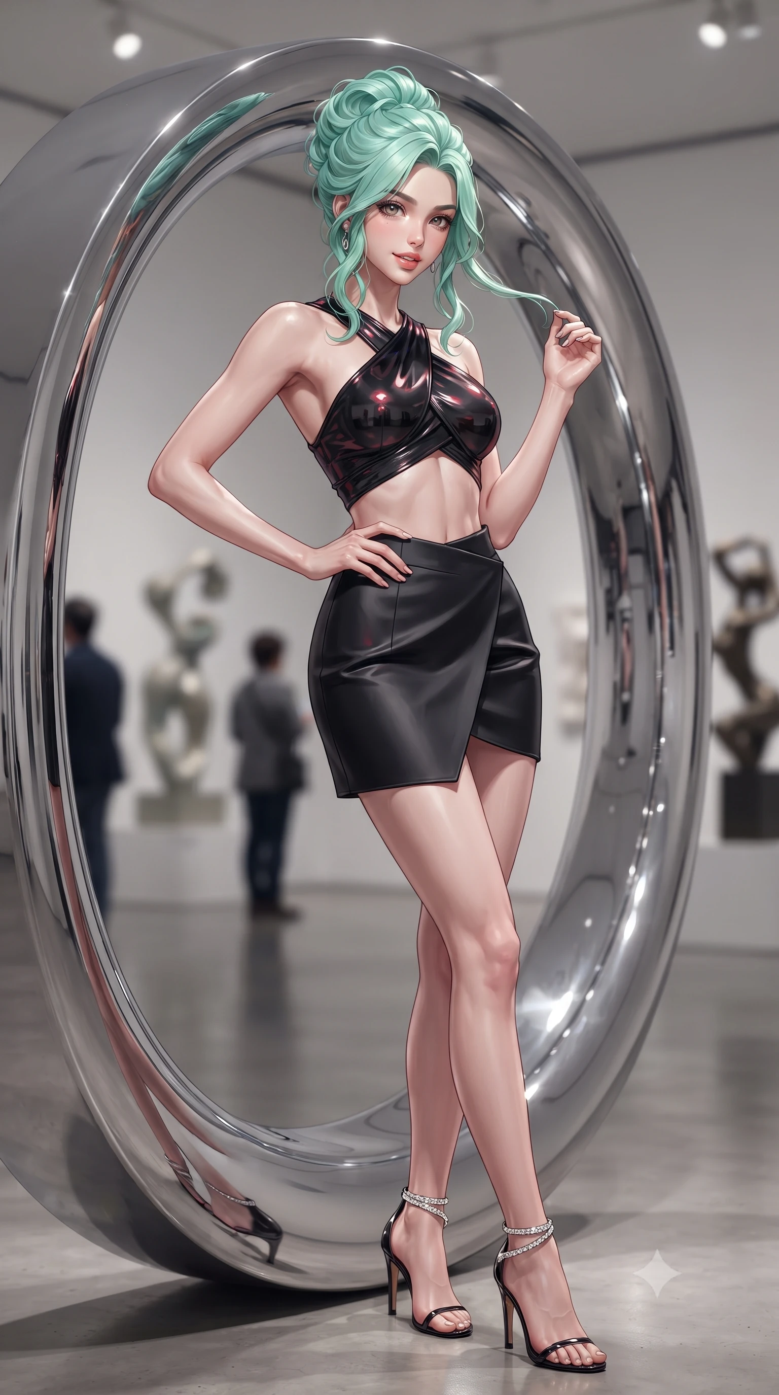 score_9, masterpiece, best quality, ultra-detailed, high-budget anime keyframe, editorial fashion photography, tasteful artistic composition, Japanese woman. close-up cowboy shot from the waist and thighs up, the character dominates the composition, filling the frame with her large presence. twisting her slender torso in an alluring contrapposto stance, one hand resting on her sculpted hip while her fingers toy with her hair with effortless poise while twisting her slender torso in an alluring S-curve beside the giant chrome ring, the curved mirror surface distorting her hourglass curves playfully. The background shows a soft-focus sculpture gallery visitors softened in avant-garde contemporary shallow focus. She has an exceptionally elegant, slender, and willowy female figure with an ultra-slim waist, flat toned midriff, narrow ribcage, and sculpted feminine hips creating an alluring, slim hourglass silhouette without bulk. sharp v-shaped jawline, high-bridge nose, sparkling eyes with hypnotic seductive depth, thick curled eyelashes, glossy parted lips with a natural dewy peach sheen, alluring bedroom-eyes with an enchanting coquettish smile, exuding magnetic siren charisma and sophisticated glamour, flawlessly proportioned anatomical accuracy, strict slender model proportions, natural body alignment, perfectly sculpted long slender limbs, ultra-slim waistline, clean dynamic posture without body distortion. wearing a high-waisted architectural wrap mini skirt with clean structural lines paired with a plunging criss-cross crop top in wet-look onyx black with crimson specular reflections, tailored from fine structural neoprene with crisp architectural edges and smooth contouring, complemented by strappy stiletto sandals with crystal ankle wraps accentuating her slender calves, the form-contouring silhouette accentuating her sculpted flat midriff, narrow delicate ribcage, and gracefully curvy hips with intoxicating allure. bathed in high-CRI 4000K museum track spotlights focused precisely on the chrome sculpture and model. ultra-reflective glossy finish, specular highlights, rich textural contrasts, high-contrast stereoscopic depth, volumetric dynamic lighting, 2k, ultra detail, master piece, 9:16 ratio