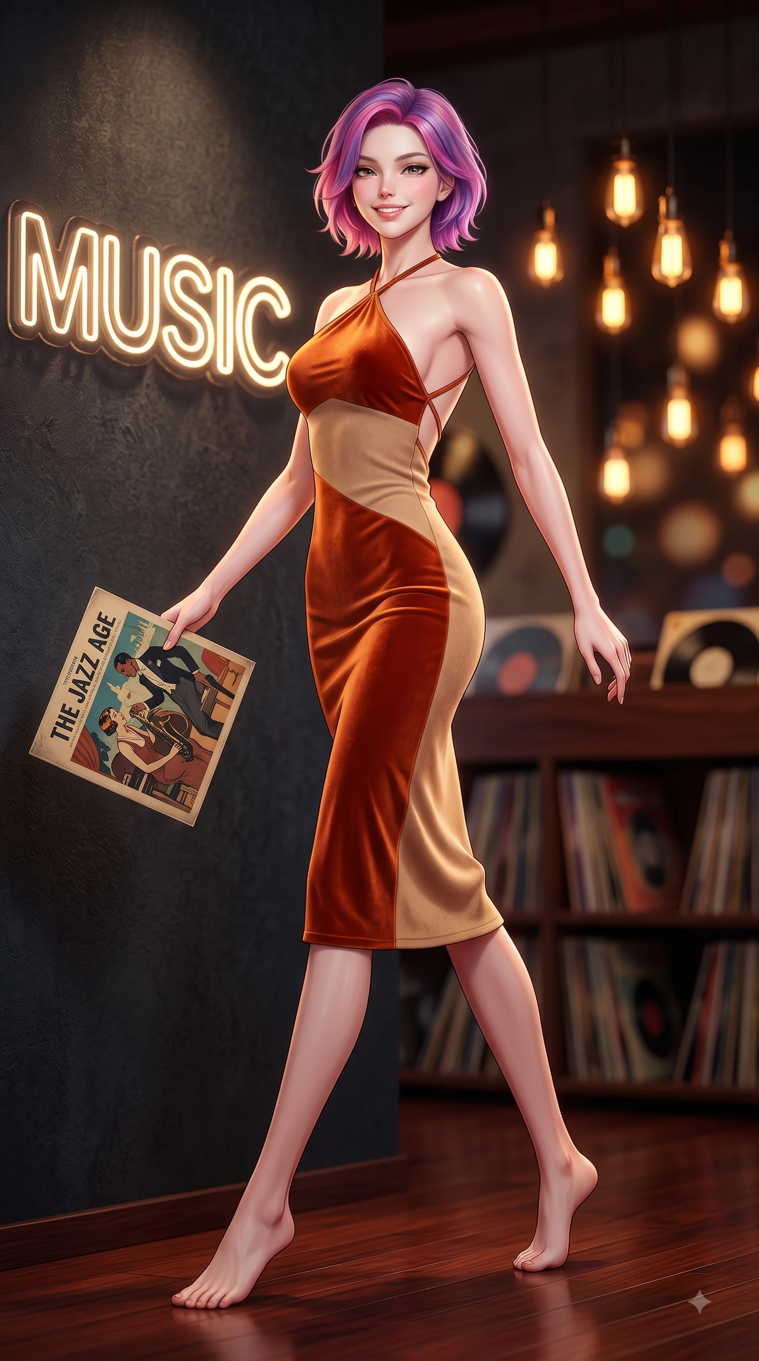 score_9, masterpiece, best quality, ultra-detailed, high-budget anime keyframe, editorial fashion photography, tasteful artistic composition, Caucasian woman. low angle full-body shot from head to toe showing her feet, filling the entire 9:16 vertical frame with her statuesque presence, stretching her vertical silhouette. walking forward in a proud dynamic stride with a cheerful beaming smile, her vertical silhouette filling the frame while pivoting dynamically near a neon music sign while holding a vintage record sleeve. The composition keeps background elements in soft focus with dreamy bokeh. shelves of vintage vinyl records and warm amber Edison lamps blurred into cozy golden bokeh. She has an absolutely perfect, statuesque 8.5-heads proportion, an exceptionally tall and slender model-like female figure with impossibly long slender legs and an ultra-slim waist. sharp v-shaped jawline, high-bridge nose, intricate jewel-like eyes with depth, thick eyelashes, glossy lips with a natural sheen, flawlessly proportioned anatomical accuracy, natural body alignment, perfectly sculpted elegant limbs, clean dynamic posture without body distortion. wearing a velvet halter-neck midi dress fitting her statuesque contour flawlessly in bright burnt orange and warm beige, knitted from soft cozy cashmere yarn, finished with delicate criss-cross back straps highlighting her bare shoulders, the elegant draped fit framing her graceful clavicle and slender torso. illuminated by cozy directional spotlights and rich mahogany reflections. highly saturated vibrant anime colors, detailed shading with soft gradients, rich glossy textures, high-contrast stereoscopic depth, volumetric dynamic lighting, master piece, 9:16 ratio