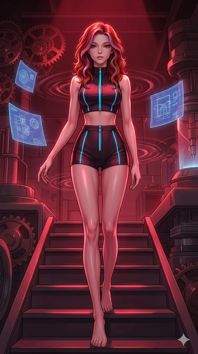 score_9, masterpiece, best quality, ultra-detailed, high-budget anime keyframe, editorial fashion photography, tasteful artistic composition, Caucasian woman, strictly human ears. low angle full-body shot from head to toe showing her feet, filling th