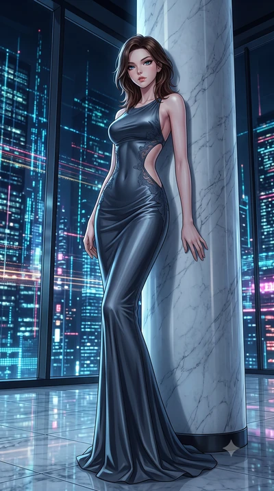 score_9, masterpiece, best quality, ultra-detailed, High-budget Anime Keyframe, East Asian woman. Low angle cowboy shot filling the entire 9:16 frame with her statuesque presence. Scenario 286: leaning against a cold marble pillar inside a luxury pen