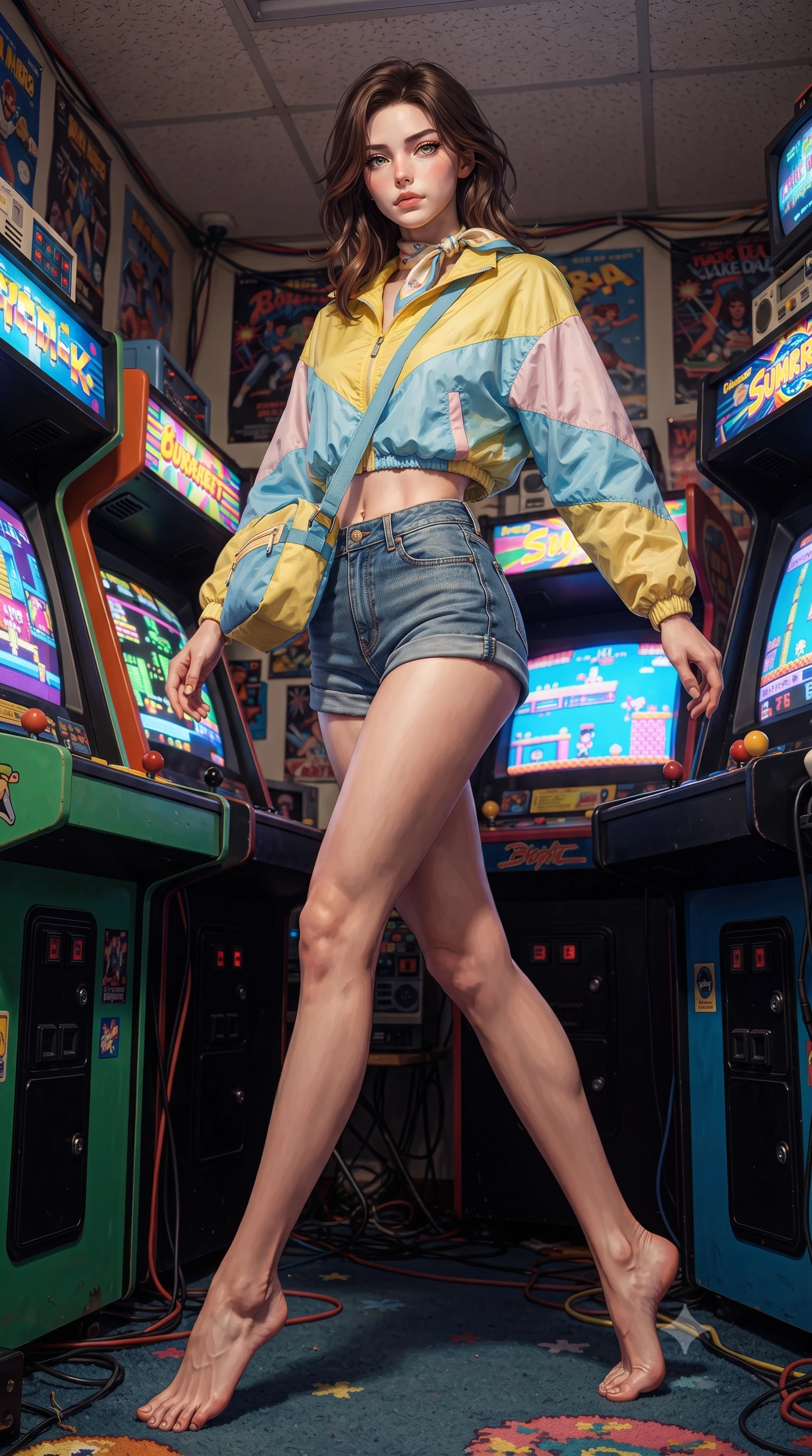 score_9, masterpiece, best quality, ultra-detailed, high-budget anime keyframe, editorial fashion photography, tasteful artistic composition, Korean woman. low angle full-body shot from head to toe showing her feet, filling the entire 9:16 vertical frame with her statuesque presence, stretching her vertical silhouette. landing lightly on the balls of her feet in a balanced kinetic stance, eyes locked onto the camera with fearless allure while pivoting dynamically between colorful arcade cabinets as 8-bit CRT screens flash vibrant pixel art across her stylish outfit. The surrounding environment is rendered in vivid detail and crisp panoramic clarity. vivid high-energy retro gaming chiaroscuro and authentic 80s arcade culture aesthetics rendered with precision. She has an absolutely perfect, statuesque 8.5-heads proportion, an exceptionally tall and slender model-like female figure with impossibly long slender legs, a toned flat midriff, and an ultra-slim waist. sharp v-shaped jawline, high-bridge nose, intricate jewel-like eyes with depth, thick eyelashes, glossy lips with a natural sheen, captivating and magnetic expression, flawlessly proportioned anatomical accuracy, strict slender model proportions, natural body alignment, perfectly sculpted long slender limbs, ultra-slim waistline, clean dynamic posture without body distortion. wearing a retro pastel colorblock windbreaker paired with high-waisted denim shorts and a canvas crossbody bag in sunny retro canary yellow and sky blue, made of crisp lightweight vintage crinkle nylon, complemented by a delicate silk scarf tied playfully around her neck, the glove-like aerodynamic second-skin fit tightly clinging to her ultra-slender waist and athletic curves without adding bulk, accentuating her razor-sharp statuesque lines and slim hourglass silhouette. illuminated by crisp directional highlights defining her toned midriff, slender waist, and long legs. ultra-reflective glossy finish, specular highlights, rich textural contrasts, high-contrast stereoscopic depth, volumetric dynamic lighting, 2k, ultra detail, master piece, 9:16 ratio
