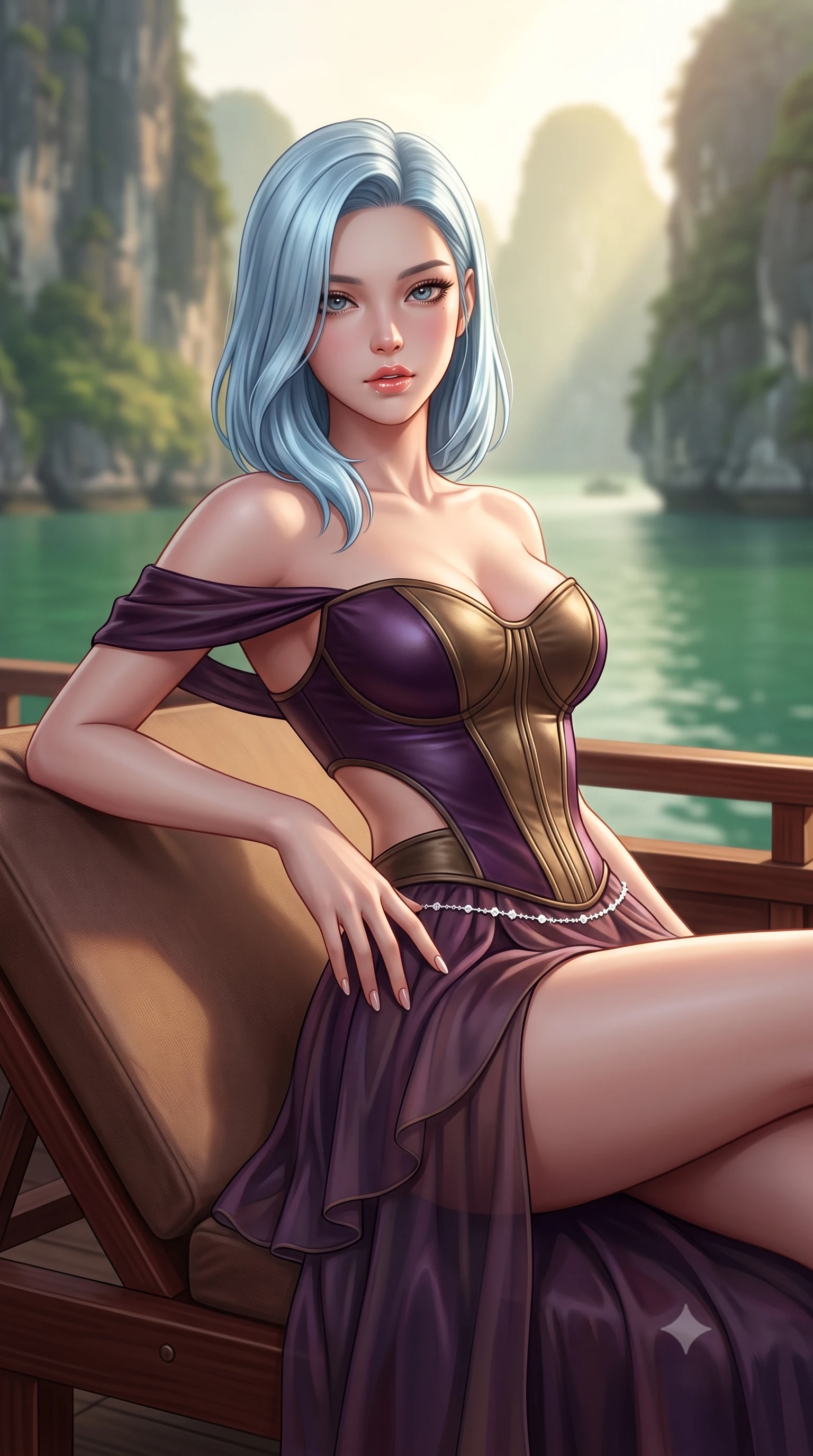 score_9, masterpiece, best quality, ultra-detailed, high-budget anime keyframe, semi-realistic 3D game render, editorial fashion photography, tasteful artistic composition, Korean woman. close-up cowboy shot from the waist and thighs up, the character dominates the composition, filling the frame with her large presence. resting one manicured hand delicately on her hip bone, her upper body turning in a fluid, seductive S-curve while parted lips glisten in the light while reclining on an outdoor mahogany daybed aboard the luxury wooden junk boat, arching her back as emerald karst islands rise dramatically from mist-shrouded jade waters. The composition keeps background elements in soft focus with creamy bokeh. towering jagged limestone karst pinnacles and jade green bay waters blurred into emerald, misty gold, and soft moss bokeh. She has an exceptionally elegant, slender, and willowy female figure with an ultra-slim waist, flat toned midriff, narrow ribcage, and sculpted feminine hips creating an alluring, slim hourglass silhouette without bulk. sharp v-shaped jawline, high-bridge nose, intricate jewel-like eyes with depth, thick eyelashes, glossy parted lips with a natural sheen, intensely captivating and seductive bedroom-eyes expression, flawlessly proportioned anatomical accuracy, strict slender model proportions, natural body alignment, perfectly sculpted long slender limbs, ultra-slim waistline, clean dynamic posture without body distortion. wearing an off-shoulder French court corset bodice dress paired with a tiered translucent chiffon slit skirt in deep plum violet and antique bronze, formed from supple second-skin lambskin leather with specular sheen, accented with a dainty diamond waist chain catching the ambient light reflections, the precision-cut side openings and low-back scoop framing her graceful spine and the sensual sweep of her slim, toned hips. bathed in soft golden dawn sunlight filtering through sea mist between colossal limestone pillars. highly saturated vibrant anime colors, detailed shading with soft gradients, rich glossy textures, high-contrast stereoscopic depth, volumetric dynamic lighting, master piece, 9:16 ratio