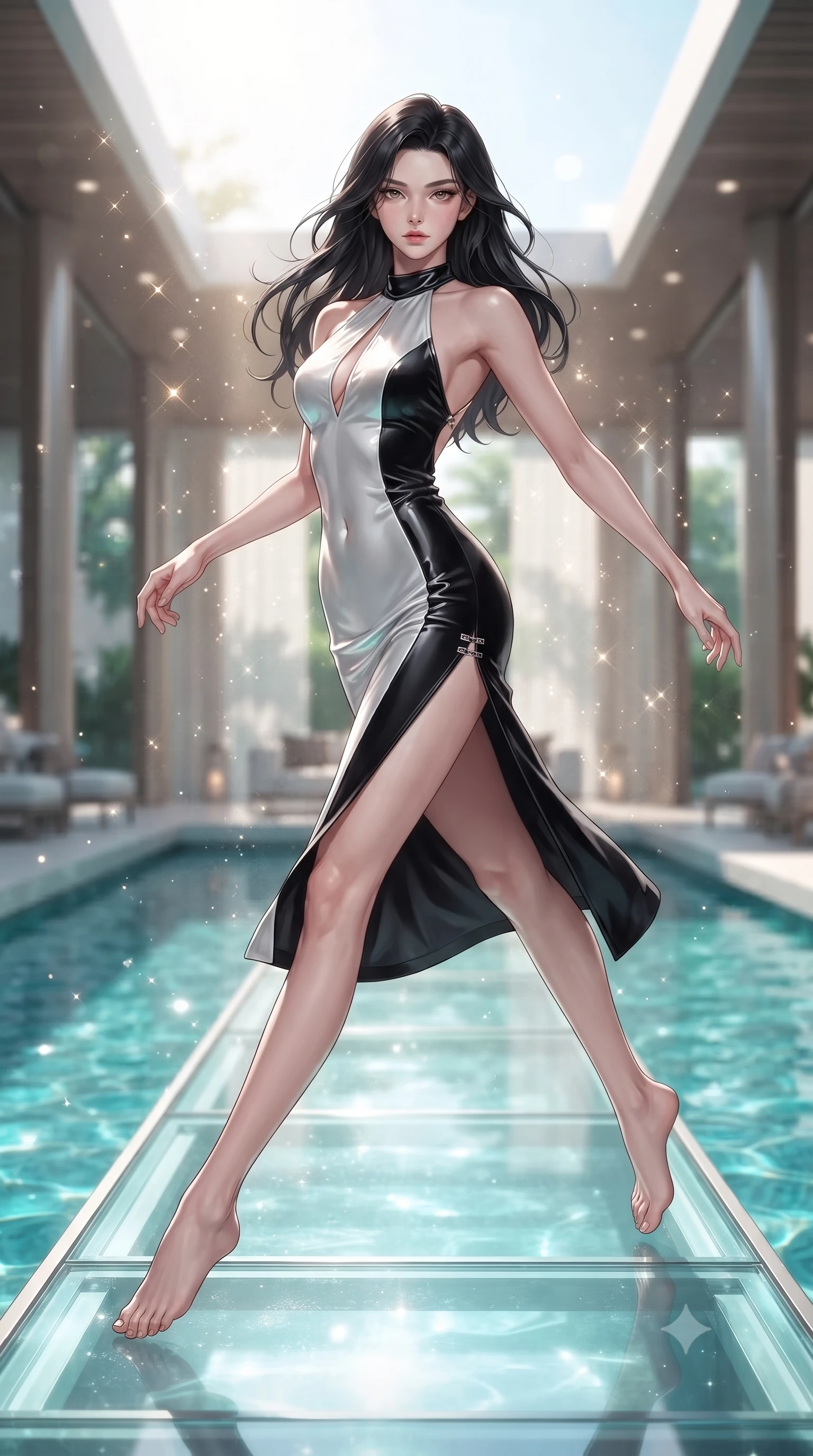 score_9, masterpiece, best quality, ultra-detailed, high-budget anime keyframe, editorial fashion photography, tasteful artistic composition, Korean woman. low angle full-body shot from head to toe showing her feet, filling the entire 9:16 vertical frame with her statuesque presence, stretching her vertical silhouette. leaping through mid-air with an athletic yet alluring arch of her spine, her impossibly long slender legs stretched in flawless poise while stepping along a glowing glass runway elevated above a shimmering turquoise waterway in a modern pavilion. The composition keeps background elements in soft focus with creamy bokeh. sparkling sunlight water caustics creating a soft, luminous light curtain in the background. She has an absolutely perfect, statuesque 8.5-heads proportion, an exceptionally tall and slender model-like female figure with impossibly long slender legs, a toned flat midriff, and an ultra-slim waist. sharp v-shaped jawline, high-bridge nose, intricate jewel-like eyes with depth, thick eyelashes, glossy lips with a natural sheen, flawlessly proportioned anatomical accuracy, strict slender model proportions, natural body alignment, perfectly sculpted long slender limbs, ultra-slim waistline, clean dynamic posture without body distortion. wearing a velvet halter-neck midi dress fitting her statuesque contour flawlessly with a Tasteful chest slit and open spine in high-gloss monochrome white and sharp black contrast, made of liquid metal jersey that clings flawlessly to every contour of her build, finished with an ultra-high side slit secured by miniature magnetic clasps, the sleek second-skin cut tightly hugging her graceful clavicle, narrow waist, and feminine curves with athletic precision. surrounded by an opulent, luminous, and enchantingly seductive contemporary pavilion ambiance. ultra-reflective glossy finish, specular highlights, metallic sheen, high-contrast stereoscopic depth, volumetric dynamic lighting, 2k, ultra detail, master piece, 9:16 ratio
