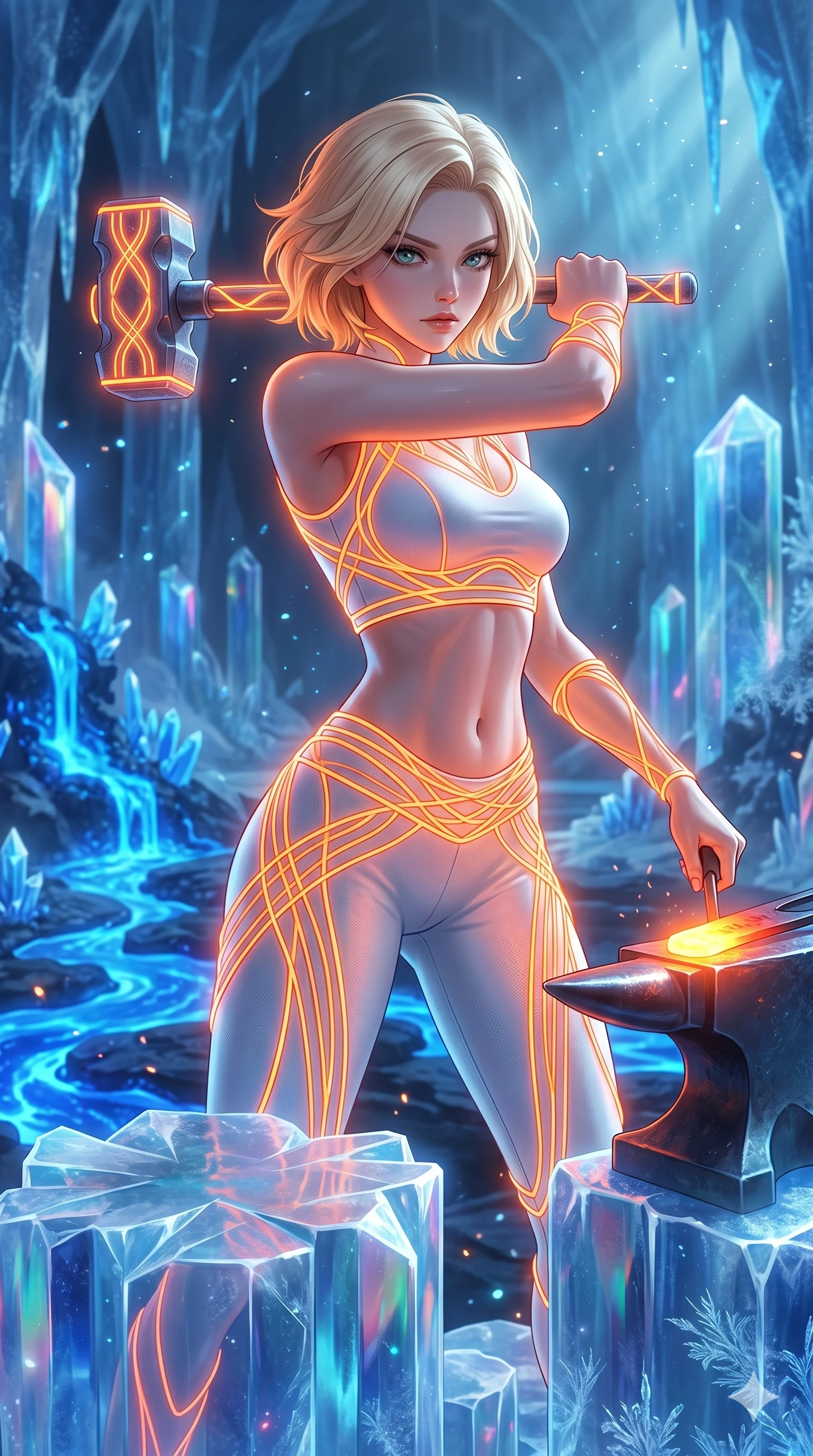score_9, masterpiece, best quality, ultra-detailed, high-budget anime keyframe, Japanese woman. upper body close-up from the thighs up, character filling the screen for maximum presence. forging in a prismatic ice-volcano temple where glowing cobalt-blue liquid magma flows between frozen blue ash crystals. She has an absolutely perfect 8-heads proportion, an exceptionally tall and slender female figure with impossibly long slender legs and an ultra-slim waist. V-shaped jawline, high-bridge nose, intricate jewel-like eyes with depth, thick eyelashes, glossy lips with a natural sheen.. wearing a neon filament athleisure set, featuring a tight white crop top and matching leggings woven with glowing orange neon filaments, highlighting her slender body contour. bathed in brilliant cinematic volumetric lighting and intense neon rim light highlighting her slender form. 2k, ultra detail, master piece, 9:16 ratio