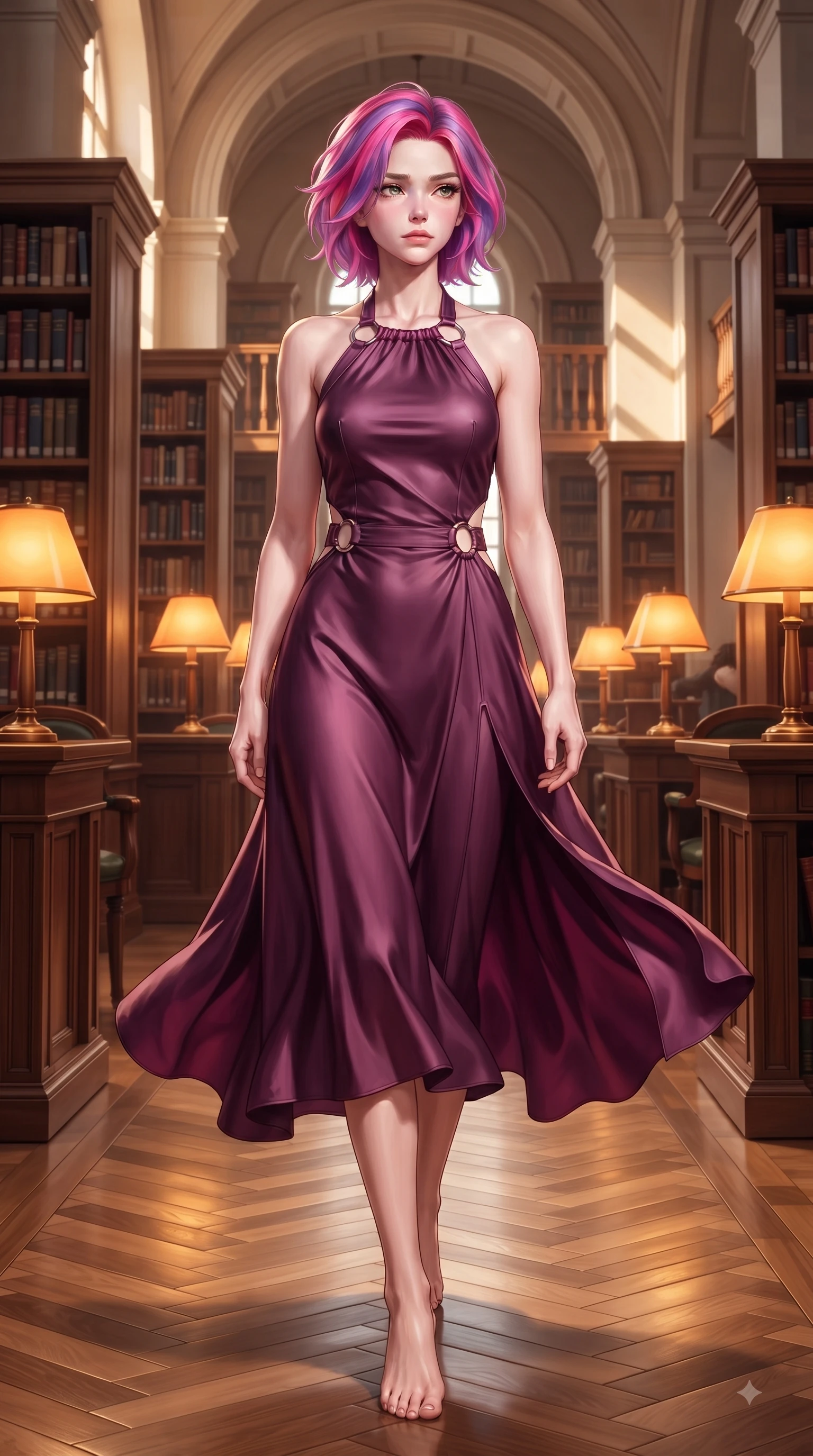 score_9, masterpiece, best quality, ultra-detailed, high-budget anime keyframe, editorial fashion photography, tasteful artistic composition, Caucasian woman. low angle full-body shot from head to toe showing her feet, filling the entire 9:16 vertical frame with her statuesque presence, stretching her vertical silhouette. Wistful sorrowful gaze looking distant with a delicate melancholy and emotional depth in her eyes while walking down a polished parquet aisle flanked by tall bookcase stacks. The surrounding environment is rendered in vivid detail and crisp panoramic clarity. detailed book bindings, parquet floor patterns, and sunlit library arches rendered in crisp clarity. She has an absolutely perfect, statuesque 8.5-heads proportion, an exceptionally tall and slender model-like female figure with impossibly long slender legs and an ultra-slim waist. sharp v-shaped jawline, high-bridge nose, intricate jewel-like eyes with depth, thick eyelashes, glossy lips with a natural sheen, flawlessly proportioned anatomical accuracy, natural body alignment, perfectly sculpted elegant limbs, clean dynamic posture without body distortion. wearing a rich plum purple halter-neck silk dress with silver ring hardware in monochrome white and glossy black contrast, crafted from soft breathable Italian linen, complemented by clean architectural seams and subtle cutouts, the fluid drape swaying gracefully with her dynamic editorial movement. illuminated by warm glowing amber desk lamps and rich wood refractions. ultra-reflective glossy finish, specular highlights, metallic sheen, high-contrast stereoscopic depth, volumetric dynamic lighting, 2k, ultra detail, master piece, 9:16 ratio