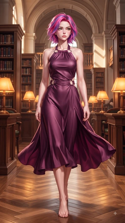 score_9, masterpiece, best quality, ultra-detailed, high-budget anime keyframe, editorial fashion photography, tasteful artistic composition, Caucasian woman. low angle full-body shot from head to toe showing her feet, filling the entire 9:16 vertica