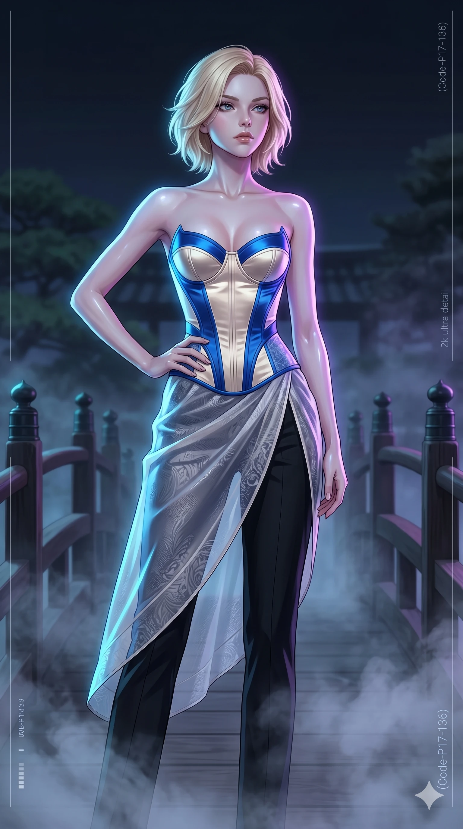 score_9, masterpiece, best quality, ultra-detailed, high-budget anime keyframe, editorial fashion photography, tasteful artistic composition, Caucasian woman, strictly human ears. cowboy shot from the thighs up, character and outfit filling the frame for maximum editorial presence. holding a powerful pose, looking past the camera with quiet superiority on a bridge in a Japanese garden with rising mist (Code-P17-136). She has an absolutely perfect 8-heads proportion, an exceptionally tall and slender female figure with impossibly long slender legs and an ultra-slim waist. V-shaped jawline, high-bridge nose, intricate jewel-like eyes with depth, thick eyelashes, glossy lips with a natural sheen. wearing a structured satin corset combined with a transparent chiffon wrap skirt. neon blue and violet light from the servers casting sharp specular highlights on her outfit. 2k, ultra detail, master piece, 9:16 ratio