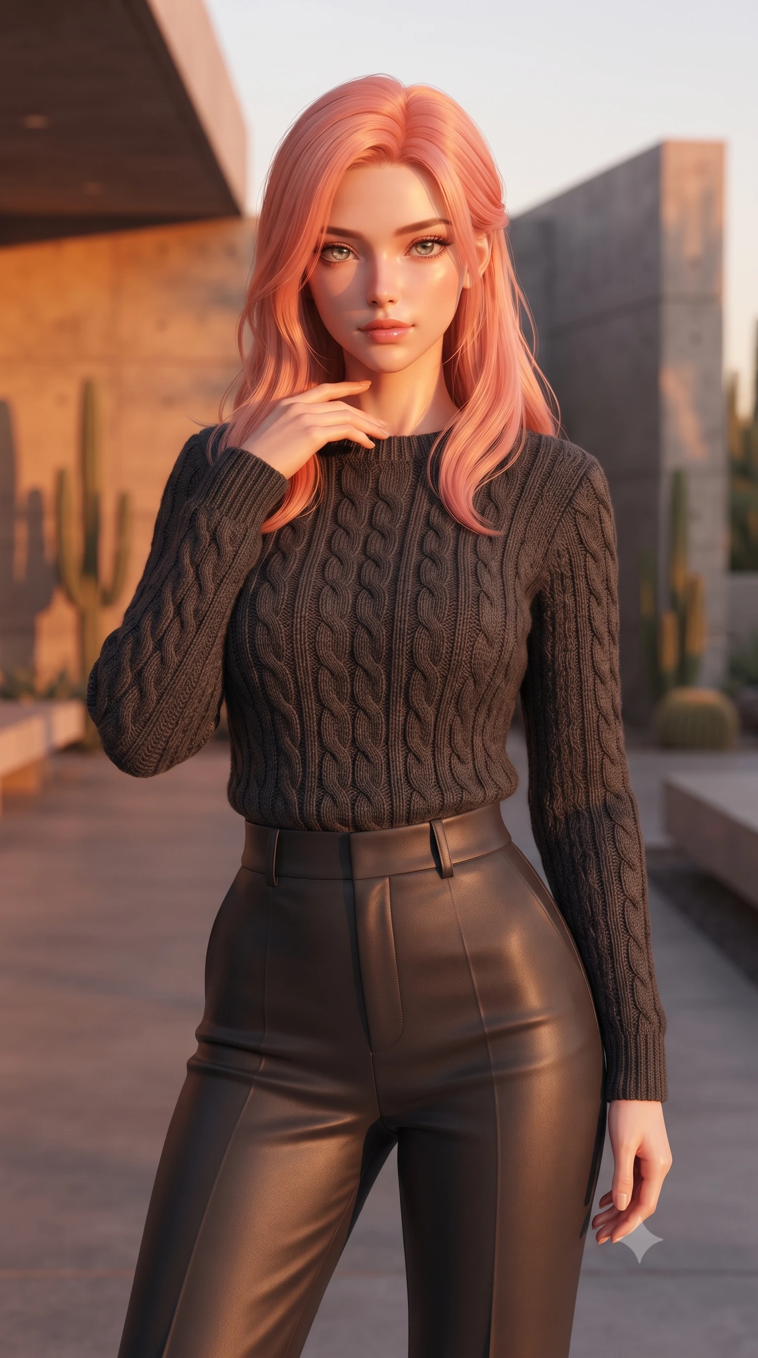 score_9, masterpiece, best quality, ultra-detailed, high-budget anime keyframe, editorial fashion photography, tasteful artistic composition, Japanese woman woman. close-up cowboy shot from the waist and thighs up, the character dominates the composition, filling the frame with her large presence, background elements kept in soft focus. standing with one hand resting on her collarbone, looking at the viewer with bedroom-eyes the background shows a soft-focus a patio of a modern concrete villa in the desert, with minimalist cacti landscaping. She has an exceptionally elegant, slender, and willowy female figure with an ultra-slim waist, a gracefully sculpted slender torso, and a refined silhouette. sharp v-shaped jawline, high-bridge nose, intricate jewel-like eyes with depth, thick eyelashes, glossy lips with a natural sheen. wearing a body-hugging cozy cable-knit sweater in charcoal wool, paired with high-waisted dark grey slacks. the dramatic orange glow of a desert sunset casting long shadows of the cacti. ultra-reflective glossy finish, specular highlights, metallic sheen, high-contrast stereoscopic depth, volumetric dynamic lighting, 2k, ultra detail, master piece, 9:16 ratio
