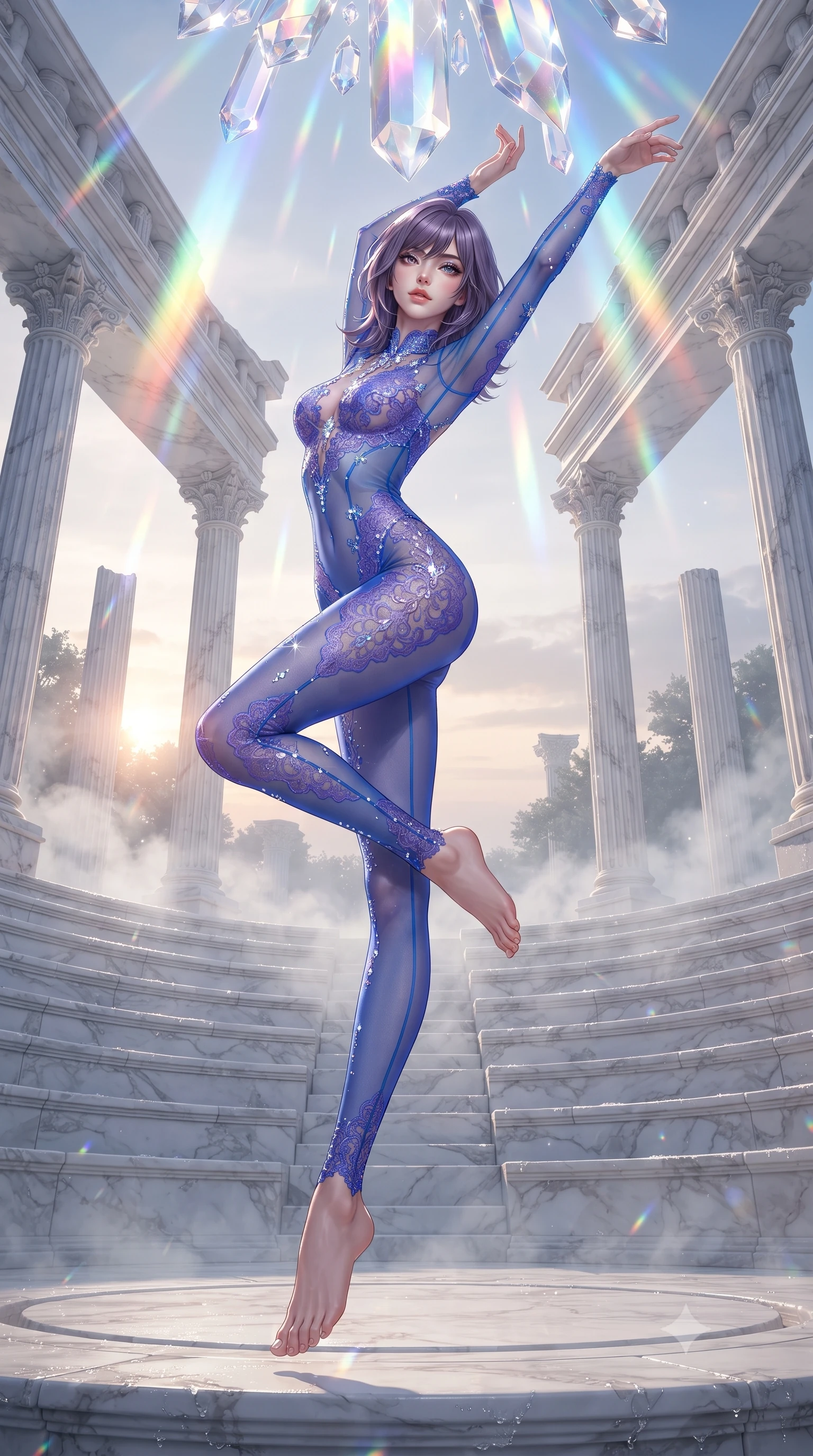 score_9, masterpiece, best quality, ultra-detailed, high-budget anime keyframe, editorial fashion photography, tasteful artistic composition, Japanese woman. low angle full-body shot from head to toe showing her feet, filling the entire 9:16 vertical frame with her statuesque presence, stretching her vertical silhouette. pirouetting mid-air inside an ancient white marble amphitheater at the first golden light of dawn with morning mist swirling between fluted Corinthian columns and dew glistening on every carved stone surface. She has a statuesque 8.5-heads proportion, an exceptionally tall, slender and willowy model-like build with impossibly long legs and a highly sculpted ultra-slim waist. sharp v-shaped jawline, high-bridge nose, intricate jewel-like eyes with depth, thick eyelashes, glossy lips with a natural sheen. wearing a full-body sheer catsuit in electric blue, featuring violet lace panels and shimmering crystal embellishments. cascading rainbow prismatic light refracting through crystal formations overhead. 2k, ultra detail, master piece, 9:16 ratio