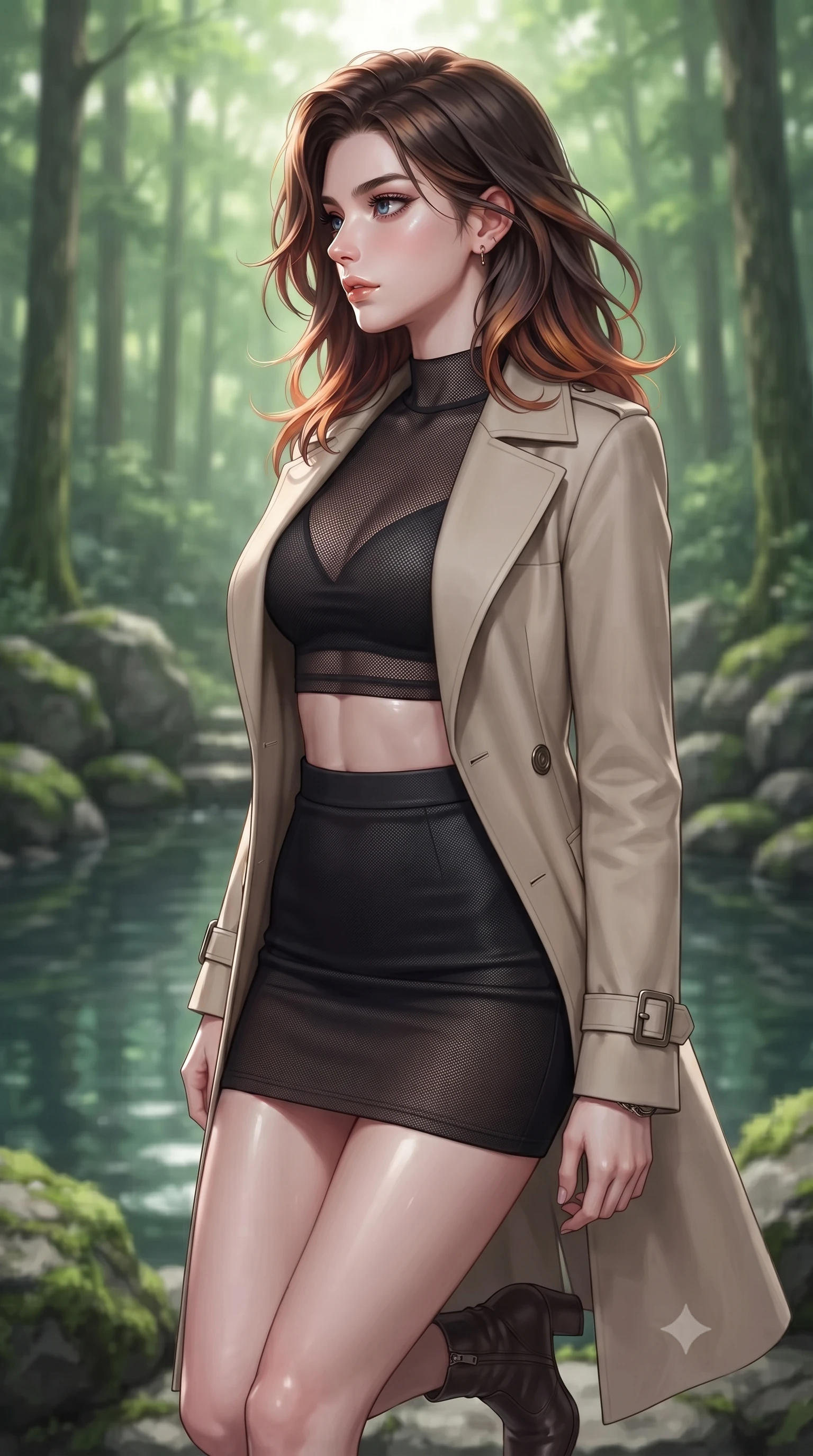 score_9, masterpiece, best quality, ultra-detailed, high-budget anime keyframe, editorial fashion photography, tasteful artistic composition, Korean woman woman. close-up cowboy shot from the waist and thighs up, the character dominates the composition, filling the frame with her large presence, background elements kept in soft focus. turning her face in sharp profile, casting a cold, mysterious, yet intensely alluring side gaze, the background shows a soft-focus a natural stone pool surrounded by mossy rocks and tall trees in a private estate. She has an exceptionally elegant, slender, and willowy female figure with an ultra-slim waist, a gracefully sculpted slender torso, and a refined silhouette. sharp v-shaped jawline, high-bridge nose, intricate jewel-like eyes with depth, thick eyelashes, glossy lips with a natural sheen. wearing a tailored semi-opaque dark mesh crop top paired with a mini skirt, layered with a tailored light trench coat. soft diffused green light filtering through the dense forest canopy. ultra-reflective glossy finish, specular highlights, metallic sheen, high-contrast stereoscopic depth, volumetric dynamic lighting, 2k, ultra detail, master piece, 9:16 ratio