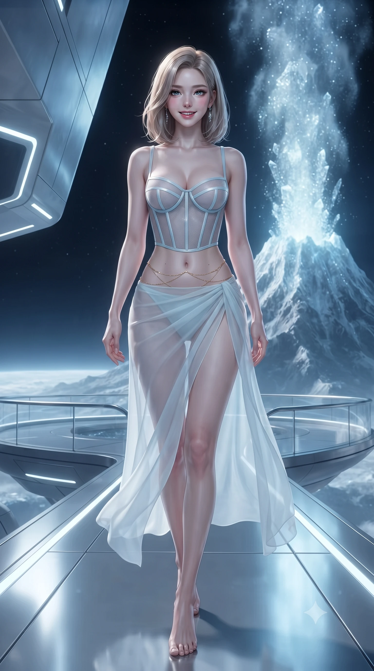 score_9, masterpiece, best quality, ultra-detailed, high-budget anime keyframe, editorial fashion photography, tasteful artistic composition, Korean woman. low angle full-body shot from head to toe showing her feet, filling the entire 9:16 vertical frame with her statuesque presence, stretching her vertical silhouette. stepping slowly toward the camera with hypnotic grace, hips swaying in an alluring sensual rhythm that accentuates her curvy hourglass silhouette and long slender legs while standing poised on the cantilevered observation deck overlooking a massive cryo-volcano erupting water-ice crystals into the vacuum, arching her lower back with magnetic siren charisma. The surrounding environment is rendered in vivid detail and crisp panoramic clarity: detailed outfit textures, second-skin fit, and world-class planetary outpost architecture in high resolution. She has an exceptionally tall and slender model-like 8.5-heads proportion, an ultra-slim waist, a flat toned midriff, narrow delicate ribcage, and beautifully sculpted feminine hips creating a graceful, slim hourglass silhouette without any bulky heaviness, with impossibly long slender legs. sharp v-shaped jawline, high-bridge nose, intricate jewel-like sparkling eyes with depth, thick eyelashes, glossy parted lips with a natural peach sheen, bright cheerful beaming smile with an enchanting and coquettish sensual glint, exuding both youthful cute charm and seductive allure, flawlessly proportioned anatomical accuracy, strict slender model proportions, natural body alignment, perfectly sculpted long slender limbs, ultra-slim waistline, clean dynamic posture without body distortion. wearing a provocative translucent mesh corset bodice with boned satin channels paired with a sheer chiffon wrap maxi skirt in arctic cryo-glacier ice blue and platinum white, made of fluid liquid jersey with seamless sculpting hold and smooth contours, accented with a dainty gold belly chain resting across her flat midriff and curving hips, the form-contouring silhouette accentuating her sculpted flat midriff, narrow delicate ribcage, and gracefully curvy hips with intoxicating allure. illuminated by crystal plume reflection bounce and sharp diamond-white rim lights defining her jawline, narrow waist, and curvy hips. ultra-reflective glossy finish, specular highlights, rich textural contrasts, high-contrast stereoscopic depth, volumetric dynamic lighting, 2k, ultra detail, master piece, 9:16 ratio