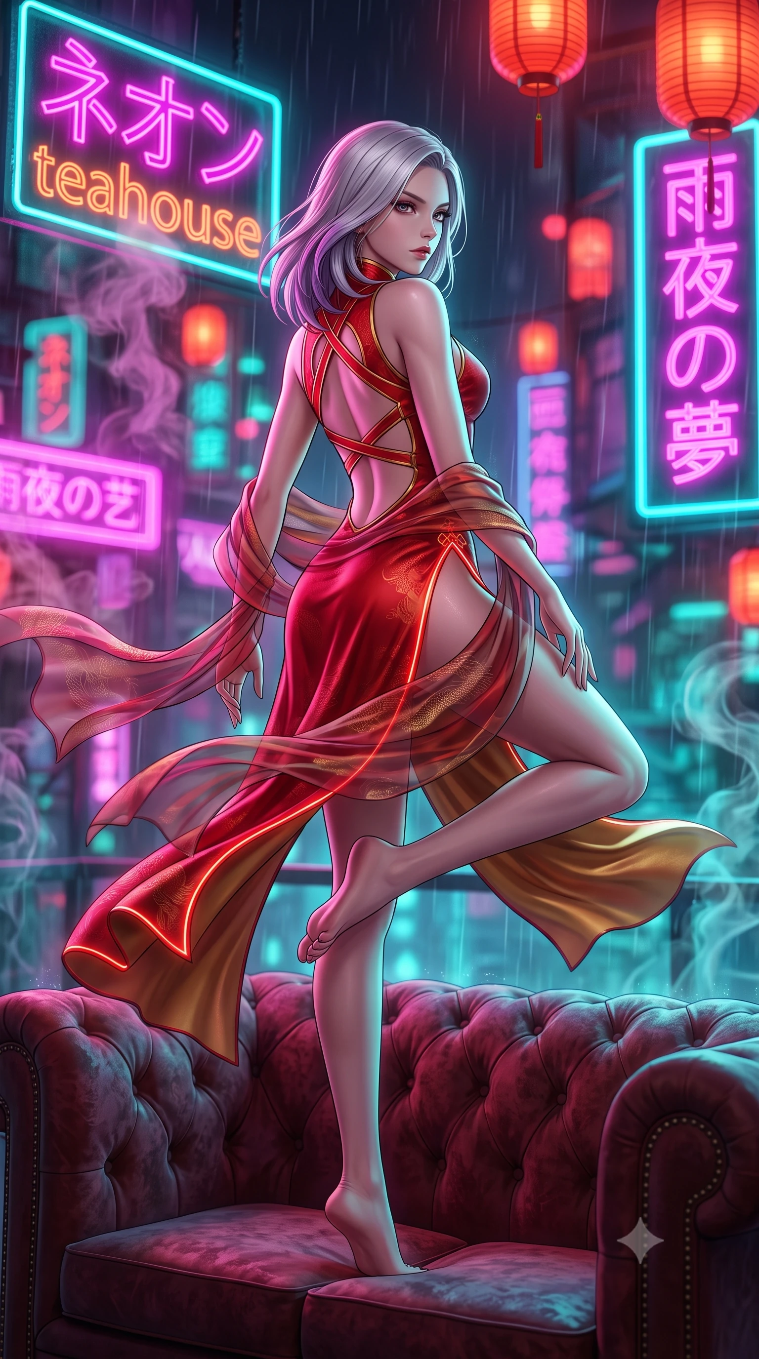score_9, masterpiece, best quality, ultra-detailed, high-budget anime keyframe, semi-realistic 3D game render, editorial fashion photography, tasteful artistic composition, Caucasian woman. low angle full-body shot from head to toe showing her feet, filling the entire 9:16 vertical frame with her statuesque presence, stretching her vertical silhouette. executing an elegant mid-motion pivot turn as garments swirl around her slender limbs, glancing over her shoulder with an intoxicating bedroom-gaze while reclining on a vintage velvet Chesterfield sofa inside a rain-streaked rooftop teahouse, one knee drawn up in a seductive Cleopatra pose. The composition keeps background elements in soft focus with creamy bokeh. swirling tea steam vapors and glowing neon kanji signs blurred into electric magenta, turquoise, and lantern-scarlet bokeh. She has an absolutely perfect, statuesque 8.5-heads proportion, an exceptionally tall and slender model-like female figure with impossibly long slender legs, a toned flat midriff, an ultra-slim waist, and beautifully sculpted feminine hips. sharp v-shaped jawline, high-bridge nose, intricate jewel-like eyes with depth, thick eyelashes, glossy parted lips with a natural sheen, intensely captivating and seductive bedroom-eyes expression, flawlessly proportioned anatomical accuracy, strict slender model proportions, natural body alignment, perfectly sculpted long slender limbs, ultra-slim waistline, clean dynamic posture without body distortion. wearing a modernized cyber-qipao mini dress with an ultra-high side slit ascending to the hip and glowing LED piping in imperial vermilion red and liquid gold, tailored from smooth liquid silk satin with subtle dragon jacquard, finished with criss-cross back harness straps framing her bare spine, the precision-cut side openings and low-back scoop framing her graceful spine and the sensual sweep of her hips. bathed in vibrant magenta and electric cyan neon light contrasting with warm lantern scarlet downlights. highly saturated vibrant anime colors, detailed shading with soft gradients, rich glossy textures, high-contrast stereoscopic depth, volumetric dynamic lighting, master piece, 9:16 ratio