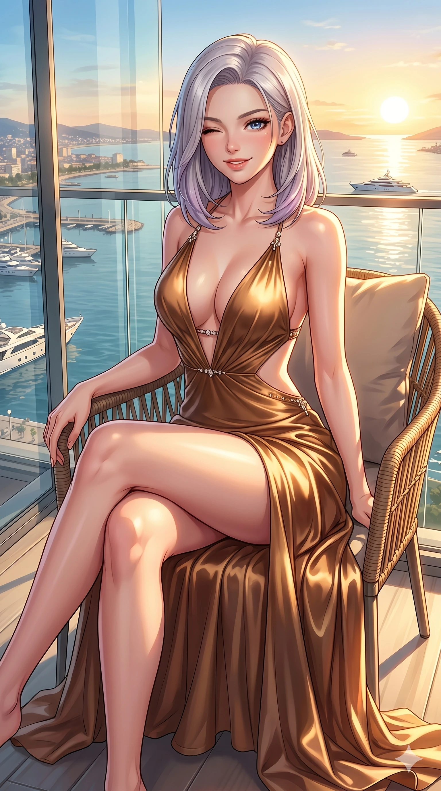 score_9, masterpiece, best quality, ultra-detailed, high-budget anime keyframe, vibrant anime aesthetic, Caucasian woman, strictly human ears. cowboy shot from the thighs up, character and outfit filling the frame for maximum presence. She is sitting in a sunlit chair, winking with a cheerful and sensual half-smile on a glass-walled balcony showing a sunny harbor (Code-P20-105). She has an absolutely perfect 8-heads proportion, an exceptionally tall and slender female figure with impossibly long slender legs and an ultra-slim waist. V-shaped jawline, high-bridge nose, intricate jewel-like eyes with depth, thick eyelashes, glossy lips with a natural sheen. wearing a plunging neckline dress with side cutouts in satin. She is bathed in warm golden hour sunset light, casting long shadows across her form. 2k, ultra detail, master piece, 9:16 ratio