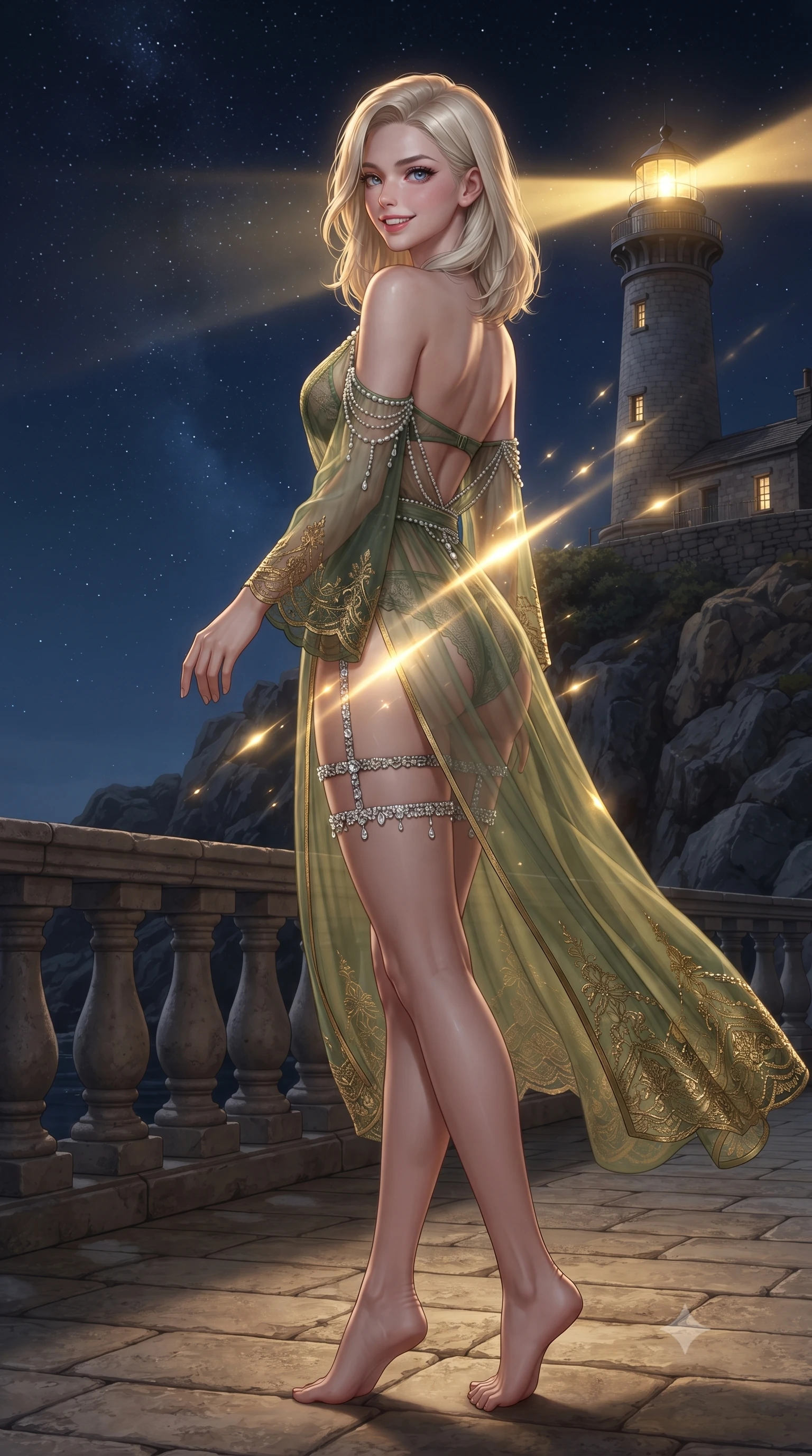 score_9, masterpiece, best quality, ultra-detailed, high-budget anime keyframe, editorial fashion photography, tasteful artistic composition, Caucasian woman. low angle full-body shot from head to toe showing her feet, filling the entire 9:16 vertical frame with her statuesque presence, stretching her vertical silhouette. walking along the terrace with poise, looking back over her bare shoulder with an irresistible smoldering bedroom-gaze while twisting her slender torso in an alluring S-curve, periodic sweeping lighthouse beams casting radiant flashes across her flat midriff and hips. The surrounding environment is rendered in vivid detail and crisp panoramic clarity: detailed delicate semi-sheer macramé lace teddy with scalloped edges, open sides, and cape lighthouse architecture in razor-sharp precision. She has an exceptionally tall and slender model-like 8.5-heads proportion, an ultra-slim waist, a flat toned midriff, narrow delicate ribcage, and beautifully sculpted feminine hips creating a graceful, slim hourglass silhouette without any bulky heaviness, with impossibly long slender legs. sharp v-shaped jawline, high-bridge nose, intricate jewel-like sparkling eyes with depth, thick eyelashes, glossy parted lips with a natural peach sheen, bright cheerful beaming smile with an enchanting and coquettish sensual glint, exuding both youthful cute charm and seductive allure, flawlessly proportioned anatomical accuracy, strict slender model proportions, natural body alignment, perfectly sculpted long slender limbs, ultra-slim waistline, clean dynamic posture without body distortion. wearing a provocative plunge-front sheer mesh caftan with delicate pearl beading worn open over micro satin lingerie in Gion antique matcha green and gilded gold leaf, made of sheer gossamer chiffon that drapes softly against skin with airy translucence, finished with delicate crystal-encrusted thigh garter straps glinting in the dim light, the glove-like clinging cut tightly following the natural contour of her hips and long slender legs with youthful 8.5-heads elegance. bathed in the periodic sweeping golden glow of the historic lighthouse beam contrasted with deep nocturnal sky and starlight. ultra-reflective glossy finish, specular highlights, rich textural contrasts, high-contrast stereoscopic depth, volumetric dynamic lighting, 2k, ultra detail, master piece, 9:16 ratio