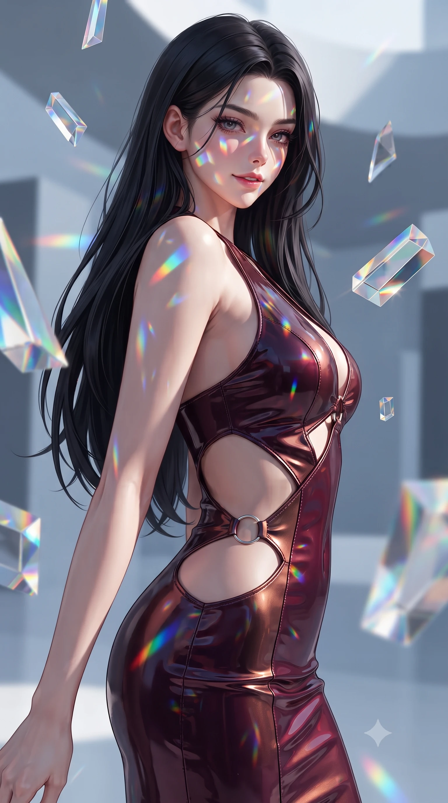 score_9, masterpiece, best quality, ultra-detailed, high-budget anime keyframe, editorial fashion photography, tasteful artistic composition, Korean woman. close-up cowboy shot from the waist and thighs up, the character dominates the composition, filling the frame with her large presence, background elements kept in soft focus. Glancing sidelong over her shoulder with a smoldering half-smile and heavy lashes interacting with floating glass prisms that refract liquid light into rainbows, a kaleidoscope of refractions forming geometric light patterns on her skin. She has an exceptionally elegant, slender, and willowy female figure with an ultra-slim waist, a gracefully sculpted slender torso, and a refined silhouette. sharp v-shaped jawline, high-bridge nose, intricate jewel-like eyes with depth, thick eyelashes, glossy lips with a natural sheen. wearing a deep-scoop halter bodycon dress with hip cutouts connected by silver rings in deep burgundy and bronze, tailored from high-gloss patent leather, featuring subtle geometric cutouts that highlight her ultra-slim midriff, the sleek second-skin texture accentuating her magnetic presence. drenched in bright white key light with colorful prismatic rim lighting. highly saturated vibrant anime colors, detailed shading with soft gradients, rich glossy textures, high-contrast stereoscopic depth, volumetric dynamic lighting, master piece, 9:16 ratio