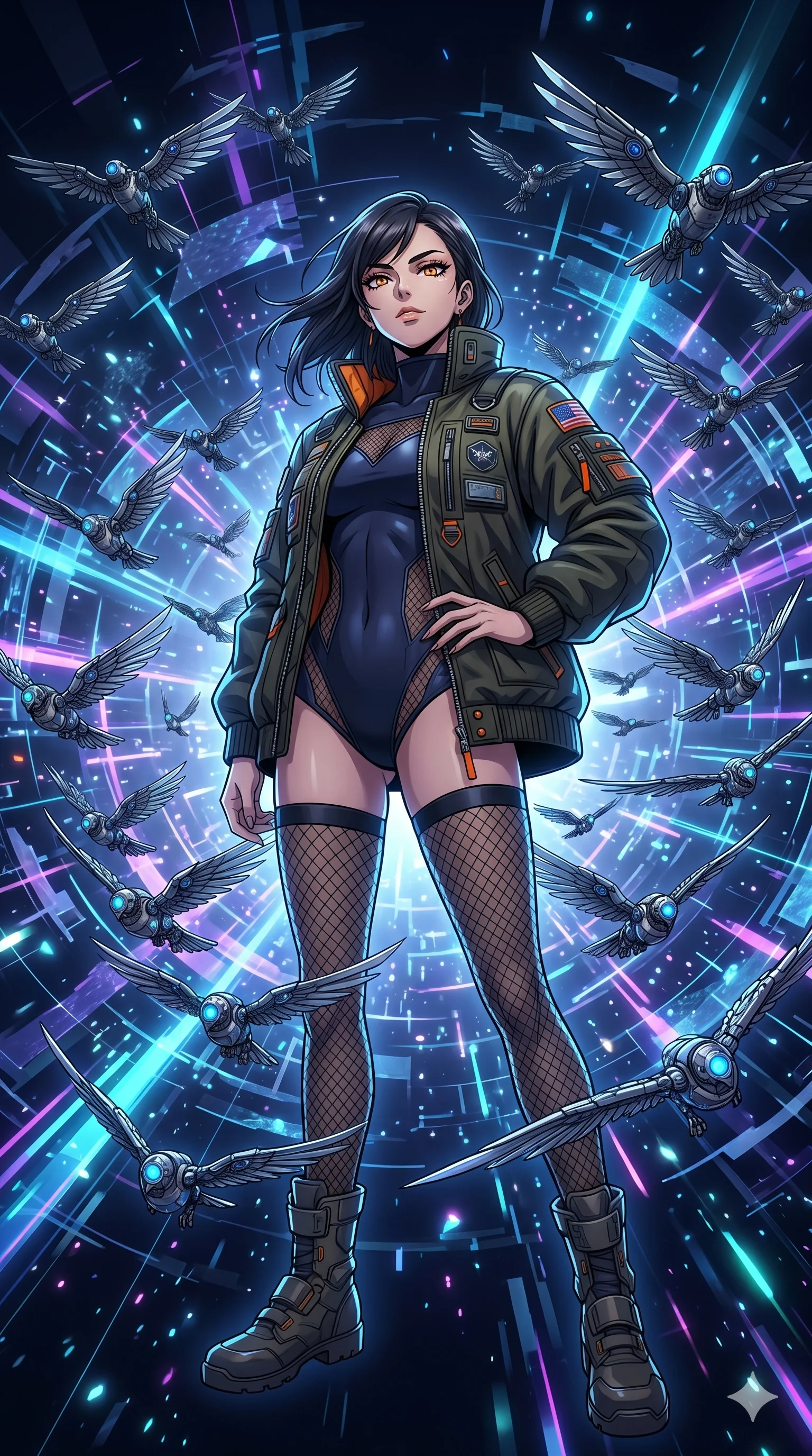 score_9, masterpiece, best quality, ultra-detailed, Set A: High-budget Anime Keyframe, Japanese woman. Low angle cowboy shot filling the entire 9:16 frame with her statuesque presence. Standing victoriously through a virtual reality void, surrounded by a whirlwind of 252 mechanical birds and surrounded by glowing energy sparks. She has an absolutely perfect 8-heads proportion, an exceptionally tall and slender female figure with impossibly long slender legs and an ultra-slim waist. Sharp v-shaped jawline, high-bridge nose, intricate jewel-like eyes with depth, thick eyelashes, glossy lips with a natural sheen. Wearing Heavy tactical bomber jacket worn over a micro-bodysuit with mesh stockings. Cinematic lighting, vibrant colors, dramatic shadows, 2k, ultra detail, master piece, 9:16 ratio
