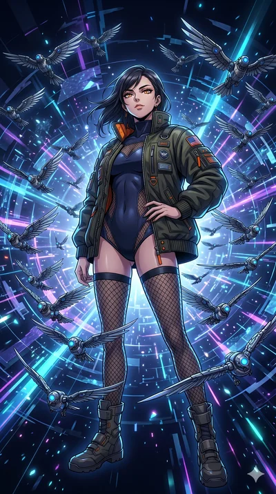 score_9, masterpiece, best quality, ultra-detailed, Set A: High-budget Anime Keyframe, Japanese woman. Low angle cowboy shot filling the entire 9:16 frame with her statuesque presence. Standing victoriously through a virtual reality void, surrounded 