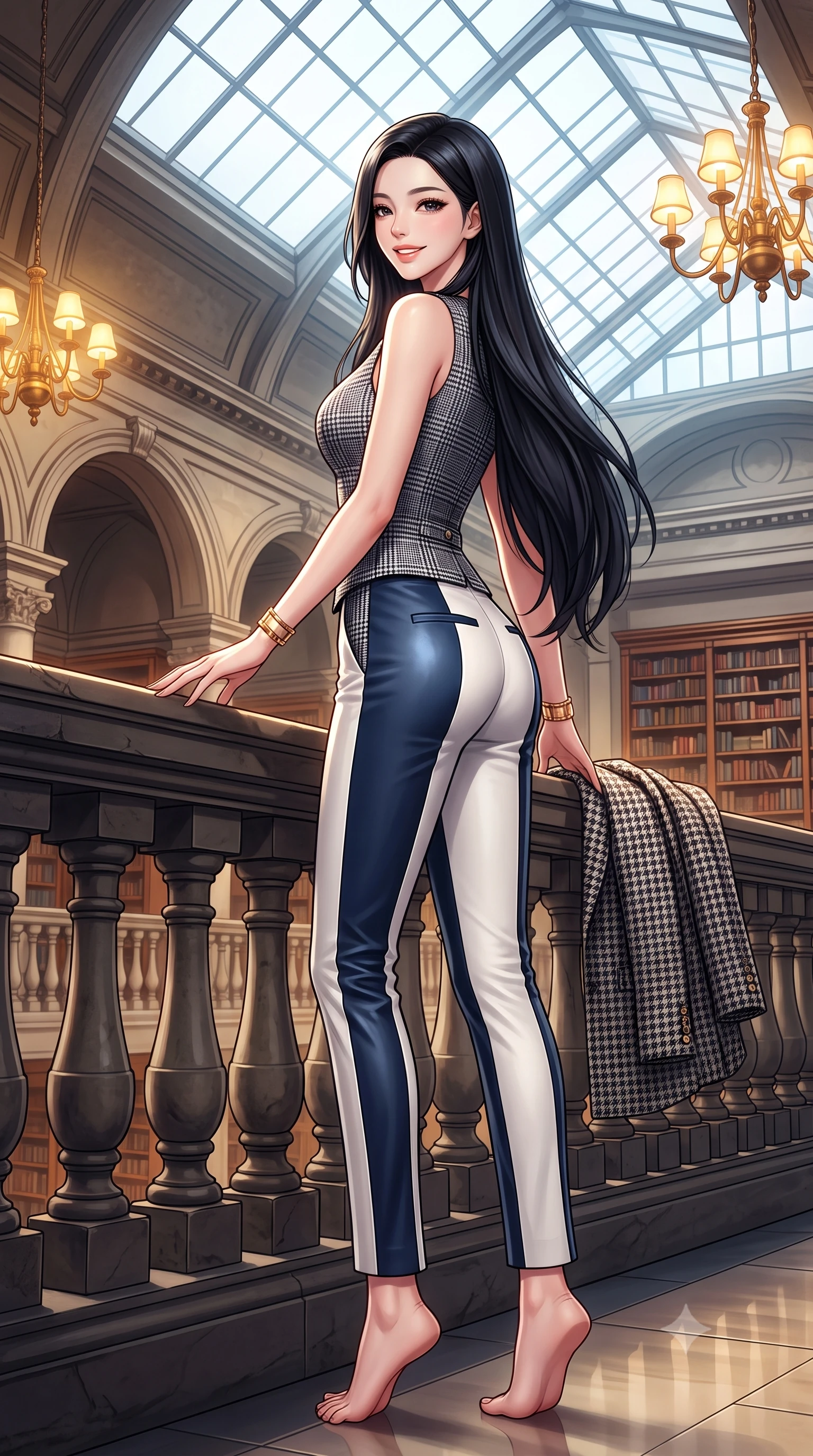 score_9, masterpiece, best quality, ultra-detailed, high-budget anime keyframe, semi-realistic 3D game render, editorial fashion photography, tasteful artistic composition, Korean woman. low angle full-body shot from head to toe showing her feet, filling the entire 9:16 vertical frame with her statuesque presence, stretching her vertical silhouette. pausing along the promenade and turning back toward the camera with an infectious, delightful smile, her form-fitting silhouette highlighting her curvy hips and slim waist while turning with a delightful beam toward the camera while resting one hand on the stone balustrade of the grand reading room. The surrounding environment is rendered in vivid detail and crisp panoramic clarity: detailed houndstooth tweed jacket weave, gold embossed coin buttons, and monumental British architecture in high resolution. She has an exceptionally tall and slender model-like 8.5-heads proportion, an ultra-slim waist, a flat toned midriff, narrow delicate ribcage, and beautifully sculpted feminine hips creating a graceful, slim hourglass silhouette without any bulky heaviness, with impossibly long slender legs. sharp v-shaped jawline, high-bridge nose, intricate jewel-like sparkling eyes with depth, thick eyelashes, glossy parted lips with a natural peach sheen, bright cheerful beaming smile with an enchanting and coquettish sensual glint, exuding both youthful cute charm and seductive allure, flawlessly proportioned anatomical accuracy, strict slender model proportions, natural body alignment, perfectly sculpted long slender limbs, ultra-slim waistline, clean dynamic posture without body distortion. wearing a sleek Prince of Wales check tailored vest bodice hugging her torso, paired with matching ultra-high-rise cigarette trousers in French navy blue and crisp alabaster white, crafted from buttery-soft stretch lambskin leather adhering to her body like a second skin, accented with delicate golden wrist cuffs reflecting warm chandelier light, the body-conscious tailored knit hugging her sculpted torso and curvaceous hips in a seamless, fluid line that highlights her statuesque model proportions. bathed in voluminous pure white zenithal daylight filtering through the vast geometric glass skylight canopy. highly saturated vibrant anime colors, detailed shading with soft gradients, rich glossy textures, high-contrast stereoscopic depth, volumetric dynamic lighting, master piece, 9:16 ratio