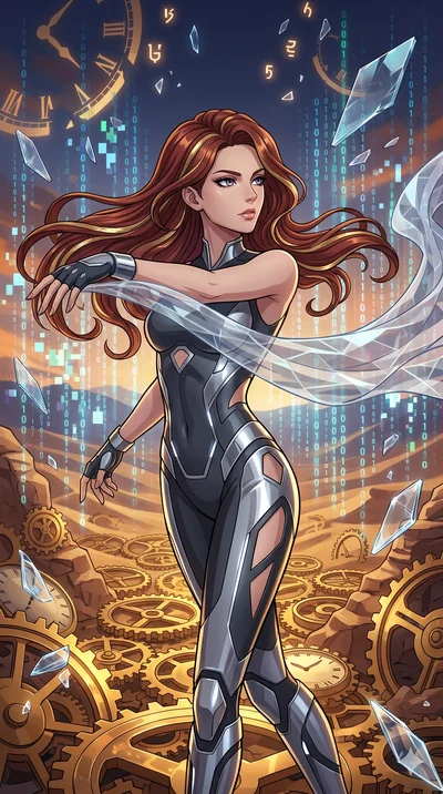 score_9, masterpiece, best quality, ultra-detailed, Set A: High-budget Anime Keyframe, Caucasian (strictly human ears) woman. Upper body close-up from the thighs up, character filling the screen for maximum presence. Dancing through a clockwork deser