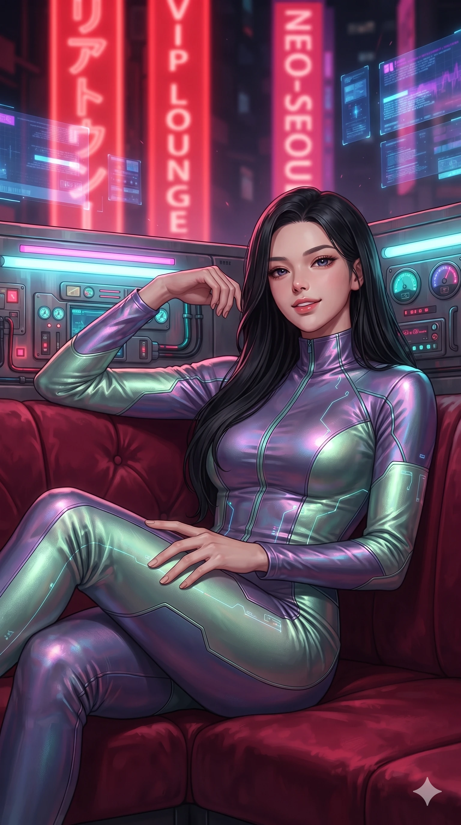 score_9, masterpiece, best quality, ultra-detailed, high-budget anime keyframe, editorial fashion photography, tasteful artistic composition, Korean woman. close-up cowboy shot from the waist and thighs up, the character dominates the composition, filling the frame with her large presence. leaning back against the glowing maintenance bulkhead with relaxed seductive grace, her flat midriff and narrow waist highlighted as laser ambient light traces her curves while lounging in a plush scarlet velvet VIP booth propped on one elbow with legs crossed, flashing an intoxicating smile with parted glossy lips. The background shows a soft-focus massive vertical scarlet neon kanji signs, floating holographic roulette wheels, and plush velvet curtains blurred into deep scarlet, vermilion, and obsidian bokeh. She has an exceptionally elegant, slender, and willowy female figure with an ultra-slim waist, flat toned midriff, narrow ribcage, and sculpted feminine hips creating an alluring, slim hourglass silhouette without bulk. sharp v-shaped jawline, high-bridge nose, intricate jewel-like sparkling eyes with depth, thick eyelashes, glossy parted lips with a natural sheen, bright confident smile with an enchanting and coquettish sensual glint, exuding both youthful magnetic charm and sovereign high-tech allure, flawlessly proportioned anatomical accuracy, strict slender model proportions, natural body alignment, perfectly sculpted long slender limbs, ultra-slim waistline, clean dynamic posture without body distortion. wearing a body-contouring high-neck metallic cyber-jersey jumpsuit casting radiant starlight shimmer across her flat midriff in phosphorescent ultraviolet amethyst and mint green, woven from stretch metallic lurex jersey casting radiant starlight glints across her curves, accented with an open-back drape framed by falling strands of delicate chrome chains, the liquid-tight tailored fabric clinging flawlessly to her narrow waist and rounded feminine hips, emphasizing every millimeter of her sculpted slim hourglass curves without any bulky heaviness. bathed in the sensual, intimate glow of scarlet and neon crimson tubes mixed with crisp cyan holographic table projections. ultra-reflective glossy finish, specular highlights, rich textural contrasts, high-contrast stereoscopic depth, volumetric dynamic lighting, 2k, ultra detail, master piece, 9:16 ratio