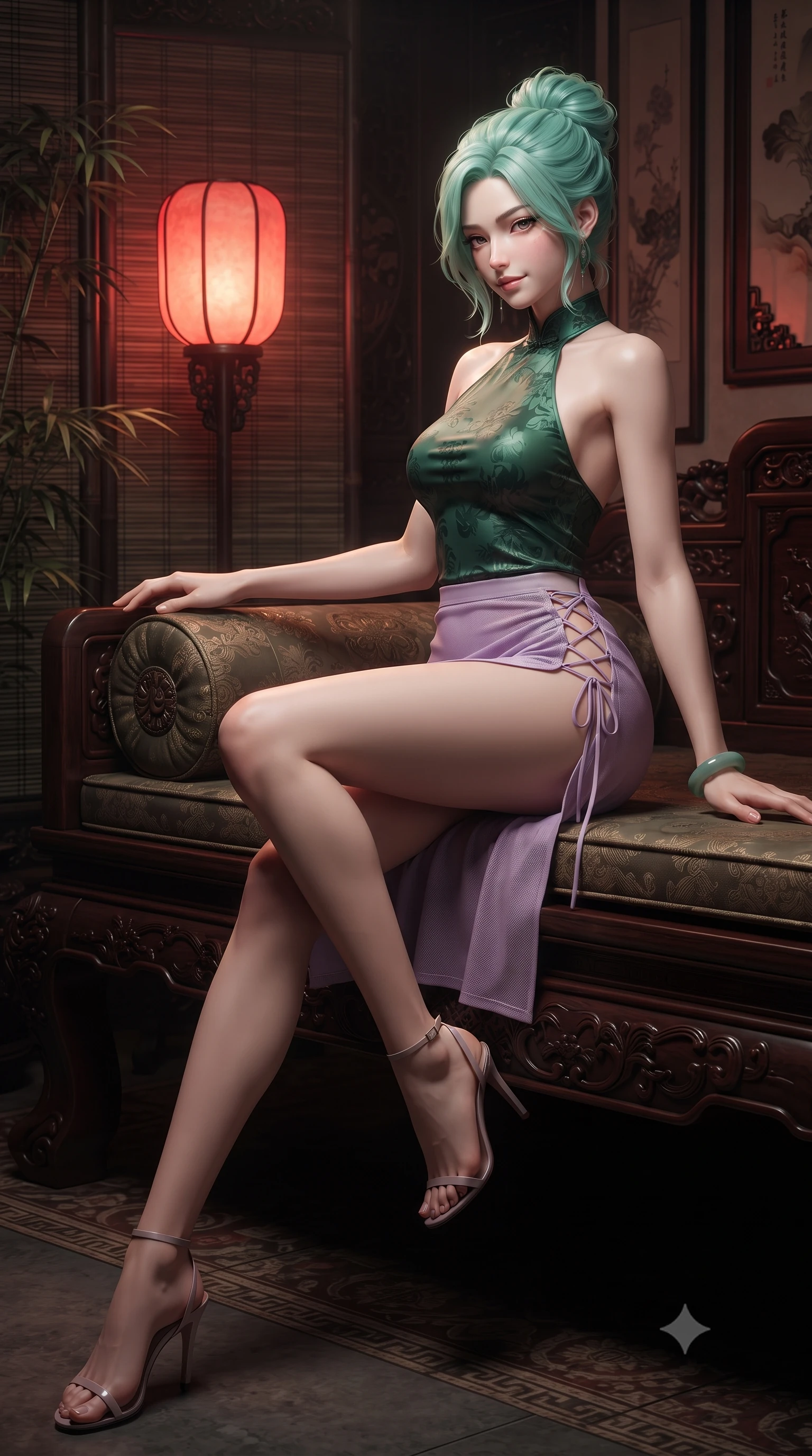 score_9, masterpiece, best quality, ultra-detailed, high-budget anime keyframe, editorial fashion photography, tasteful artistic composition, Japanese woman. low angle full-body shot from head to toe showing her feet, filling the entire 9:16 vertical frame with her statuesque presence, stretching her vertical silhouette. lounging on the lavish daybed with legs crossed and hips angled toward the camera, displaying her toned midriff and long slender limbs with effortless siren poise while twisting her slender torso in an alluring contrapposto stance beside the smoky bamboo screen, red lantern glow tracing her curves. The surrounding environment is rendered in vivid detail and crisp panoramic clarity: detailed sheer cheongsam-inspired lace bodysuit weave, jade bracelet shine, and antique parlor craftsmanship in razor-sharp precision. She has an absolutely perfect, statuesque 8.5-heads proportion, an exceptionally tall and slender model-like female figure with impossibly long slender legs, an ultra-slim waist, a flat toned midriff, narrow delicate ribcage, and beautifully sculpted feminine hips creating a graceful, slim hourglass silhouette without any bulky heaviness. sharp v-shaped jawline, high-bridge nose, sparkling eyes with hypnotic seductive depth, thick curled eyelashes, glossy parted lips with a natural dewy peach sheen, alluring bedroom-eyes with an enchanting coquettish smile, exuding magnetic siren charisma and sophisticated glamour, flawlessly proportioned anatomical accuracy, strict slender model proportions, natural body alignment, perfectly sculpted long slender limbs, ultra-slim waistline, clean dynamic posture without body distortion. wearing a liquid-tight halterneck silk camisole paired with a curve-hugging wrap sarong mini skirt with high side slit in vibrant jungle monstera green and dewy orchid lavender, made of semi-opaque stretch illusion mesh with soft shadowy contours, featuring fine criss-cross lace-up side ties revealing tantalizing glimpses of her hip curve, the form-contouring silhouette accentuating her sculpted flat midriff, narrow delicate ribcage, and gracefully curvy hips with intoxicating allure. illuminated by polished table bounce and sharp deep-red rim lights sculpting her jawline, flat midriff, and curvy hips. ultra-reflective glossy finish, specular highlights, rich textural contrasts, high-contrast stereoscopic depth, volumetric dynamic lighting, 2k, ultra detail, master piece, 9:16 ratio