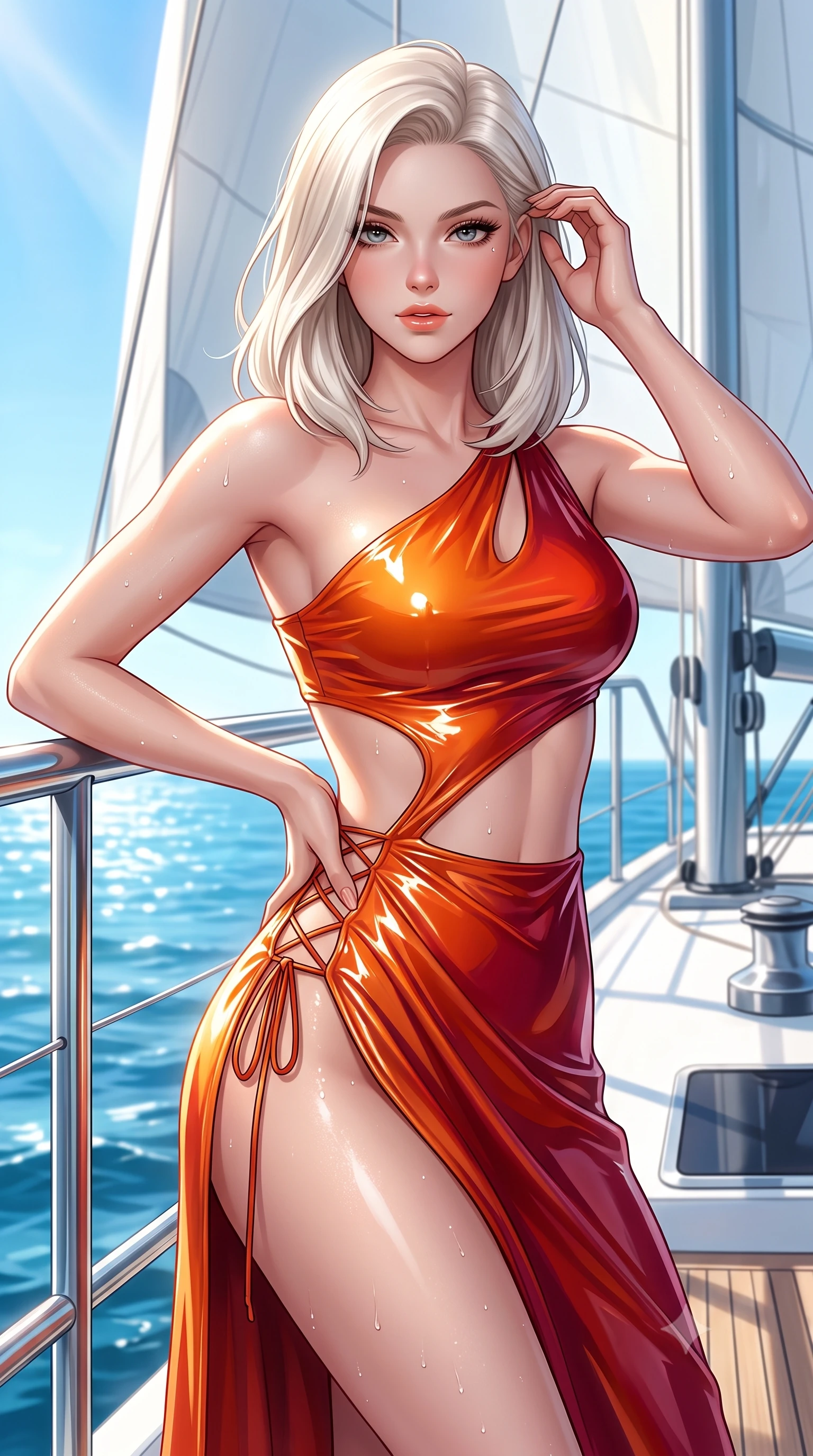 score_9, masterpiece, best quality, ultra-detailed, high-budget anime keyframe, semi-realistic 3D game render, editorial fashion photography, tasteful artistic composition, Caucasian woman. close-up cowboy shot from the waist and thighs up, the character dominates the composition, filling the frame with her large presence. twisting her slender torso in an alluring contrapposto stance, one hand resting on her sculpted hip while her fingers toy with her hair with effortless poise while leaning against the yacht stainless steel pulpit railing with hips cocked back, looking into the lens with an irresistible bedroom-gaze. The surrounding environment is rendered in vivid detail and crisp panoramic clarity: detailed second-skin sailing bodysuit texture, salt-spray droplets on skin, and modern naval architecture in high resolution. She has an exceptionally elegant, slender, and willowy female figure with an ultra-slim waist, flat toned midriff, narrow ribcage, and sculpted feminine hips creating an alluring, slim hourglass silhouette without bulk. sharp v-shaped jawline, high-bridge nose, sparkling eyes with hypnotic seductive depth, thick curled eyelashes, glossy parted lips with a natural dewy peach sheen, alluring bedroom-eyes with an enchanting coquettish smile, exuding magnetic siren charisma and sophisticated glamour, flawlessly proportioned anatomical accuracy, strict slender model proportions, natural body alignment, perfectly sculpted long slender limbs, ultra-slim waistline, clean dynamic posture without body distortion. wearing an asymmetric one-shoulder liquid jersey resort gown with dramatic hip-high slit and waist cutout in blazing desert sunset orange and deep canyon crimson, crafted from wet-look high-gloss vinyl fabric with dazzling specular surface reflections, featuring fine criss-cross lace-up side ties revealing tantalizing glimpses of her hip curve, the high-slit wrap tailoring accentuating her ultra-slim waistline and the enchanting curve of her feminine hips with alluring seductive charm. bathed in intense maritime sunlight reflecting from open Mediterranean waters and crisp white sails. highly saturated vibrant anime colors, detailed shading with soft gradients, rich glossy textures, high-contrast stereoscopic depth, volumetric dynamic lighting, master piece, 9:16 ratio