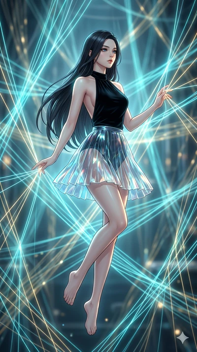 score_9, masterpiece, best quality, ultra-detailed, high-budget anime keyframe, Korean woman. upper body close-up from the thighs up, character filling the screen for maximum presence. floating suspended in an ethereal loom room where millions of lum